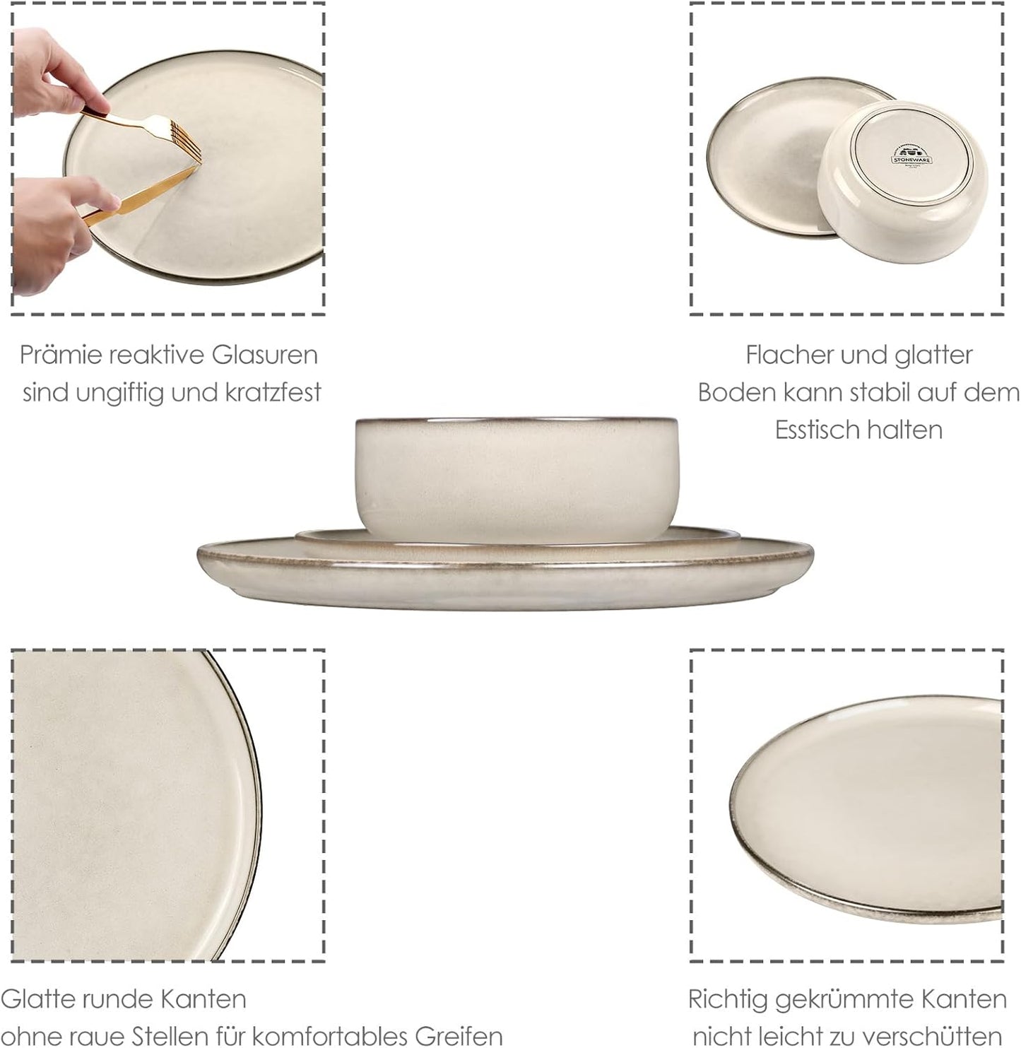 Onader Serviesset voor 6 personen, 18-delig aardewerk, combiservies, 6 platte borden, dessertborden, mueslikommen, vaatwasmachinebestendig, parelbeige De 18-delige tafelserviesset van Onader is gemaakt van superieur aardewerk met reactief glazuur, niet gi
