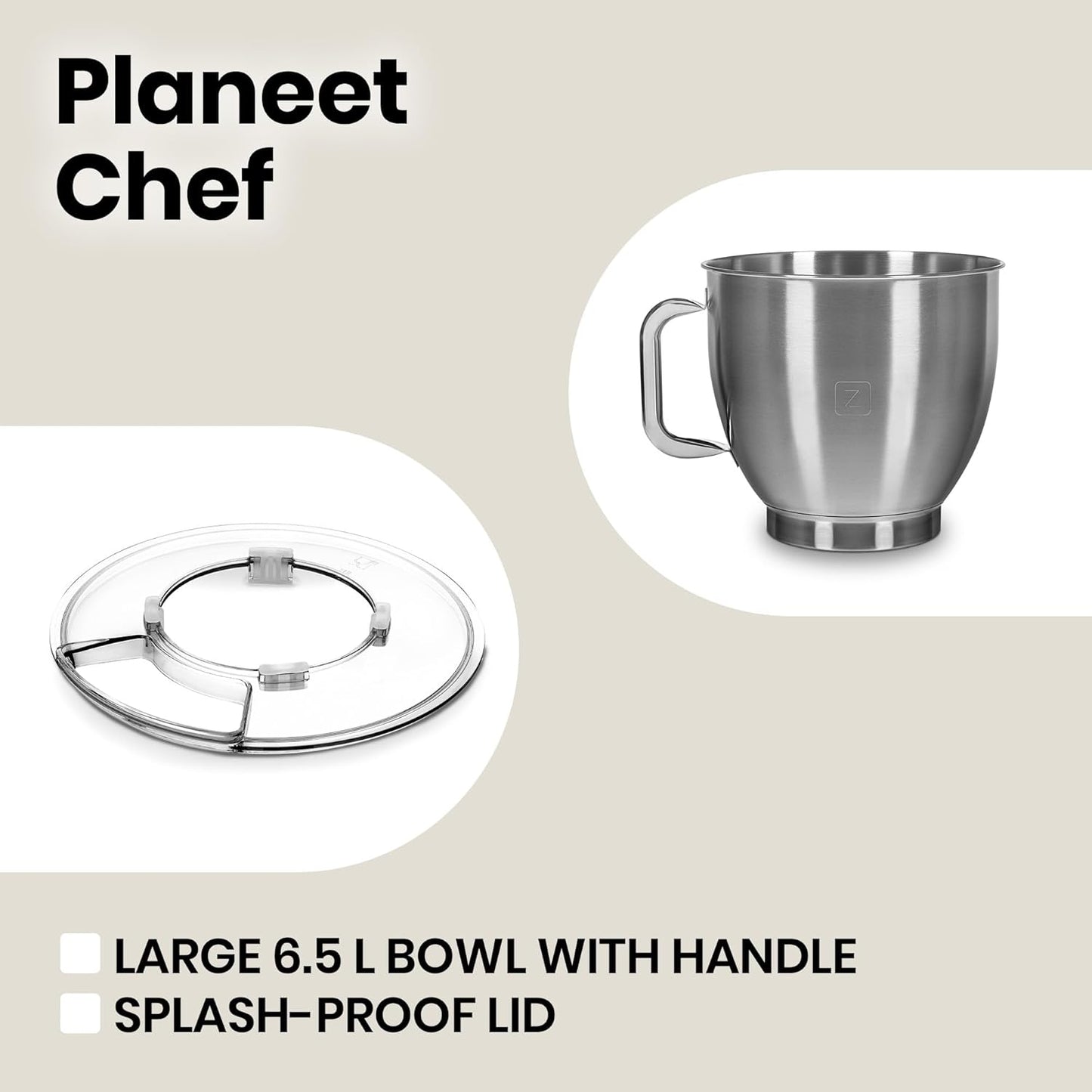 Zeegma Planeet Chef - 2200W Keukenmachine, 6,5L Misa, 7 Snelheden, Pulse Functie, Teflon Gecoate Accessoires, Vaatwasserbestendig GROTE 6,5L MENGKOM MET ANTISPUITSCHERM De ruime mengkom van 6,5 liter is perfect voor grote hoeveelheden deeg of beslag, terw