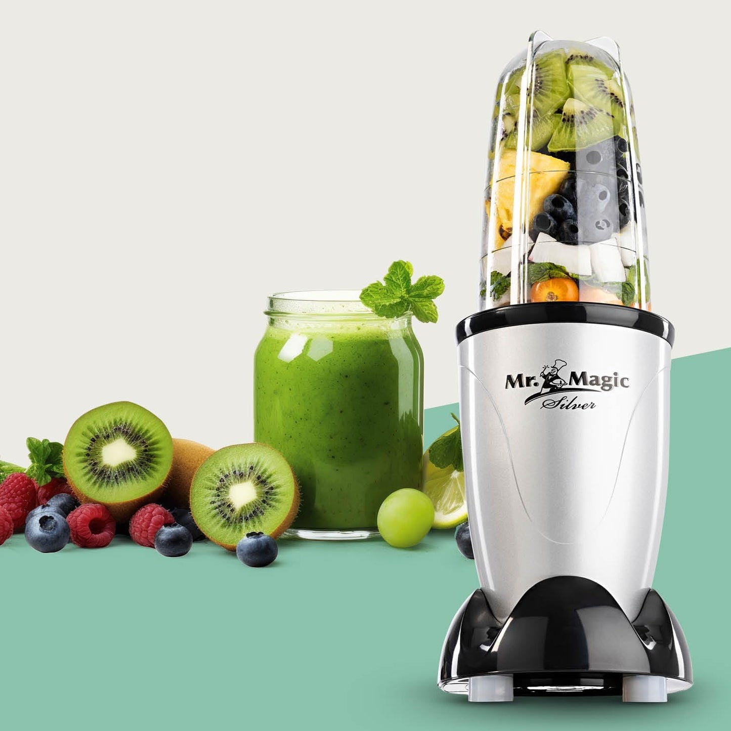 GOURMETmaxx Mr. Magic Mixer Smoothie Maker Over dit item TWEEDE SNELHEID VAN PREPARATIE: Vaarwel grote keukenmachine! Hier komt de compacte keuken alleskunner voor je dagelijkse vitamine-inname. Want met de GOURMETmaxx Mr Magic in de 18-delige set kun je