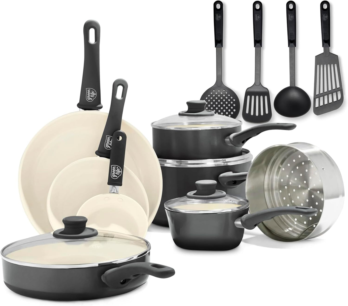 GreenLife Soft Grip Gezonde Keramische Antiaanbaklaag 16-delige Pannenset Over dit item DE POT EN PAN SET INCLUSIEF: 12 cm minikoekenpan, 18 cm en 24 cm koekenpan; 15 cm/1,1l en 18 cm/1,9l steelpan met deksel, 22 cm/4,8 kookpan met deksel, 24 cm/2,4l hapj