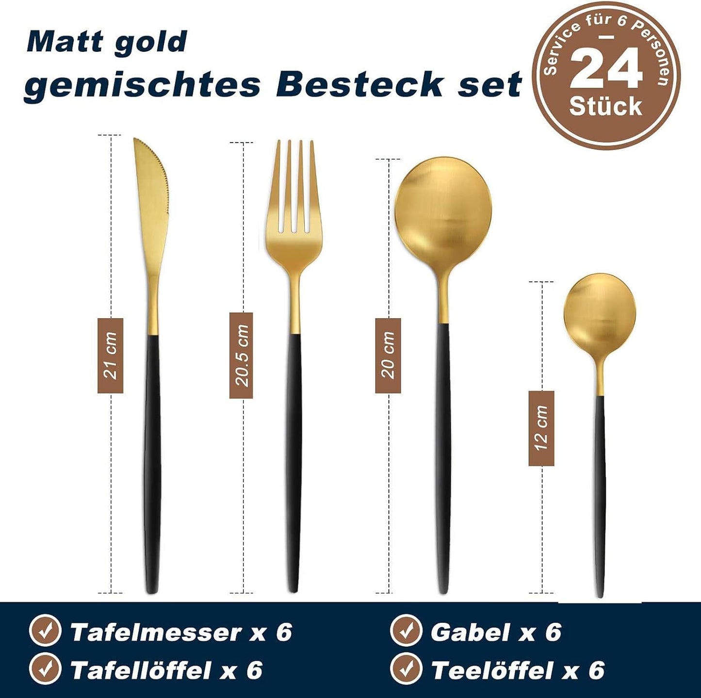 Bestdin Bestekset voor 6 personen, 24-delige roestvrijstalen bestekset Matzwart 24-delige bestekset voor 6 personen: Bestdin als 24-delige titanium bestekset zwart bestaat uit 6 messen, 6 eetlepels, 6 dinervorken, 6 theelepels. Ideaal voor alle formele of