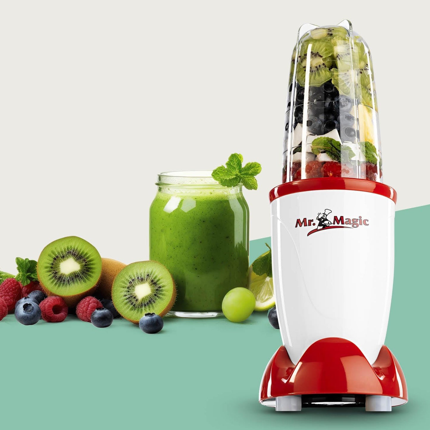 GOURMETmaxx Mr. Magic Mixer Smoothie Maker Over dit item TWEEDE SNELHEID VAN PREPARATIE: Vaarwel grote keukenmachine! Hier komt de compacte keuken alleskunner voor je dagelijkse vitamine-inname. Want met de GOURMETmaxx Mr Magic in de 18-delige set kun je