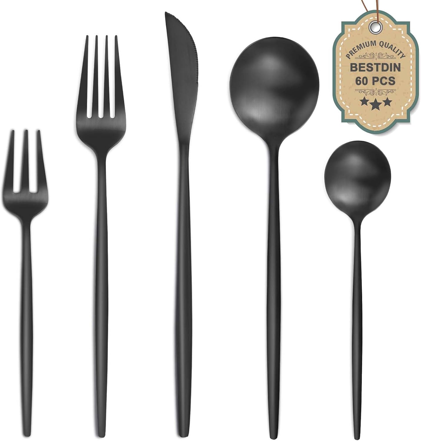 Bestdin Bestekset voor 6 personen, 24-delige roestvrijstalen bestekset Matzwart 24-delige bestekset voor 6 personen: Bestdin als 24-delige titanium bestekset zwart bestaat uit 6 messen, 6 eetlepels, 6 dinervorken, 6 theelepels. Ideaal voor alle formele of