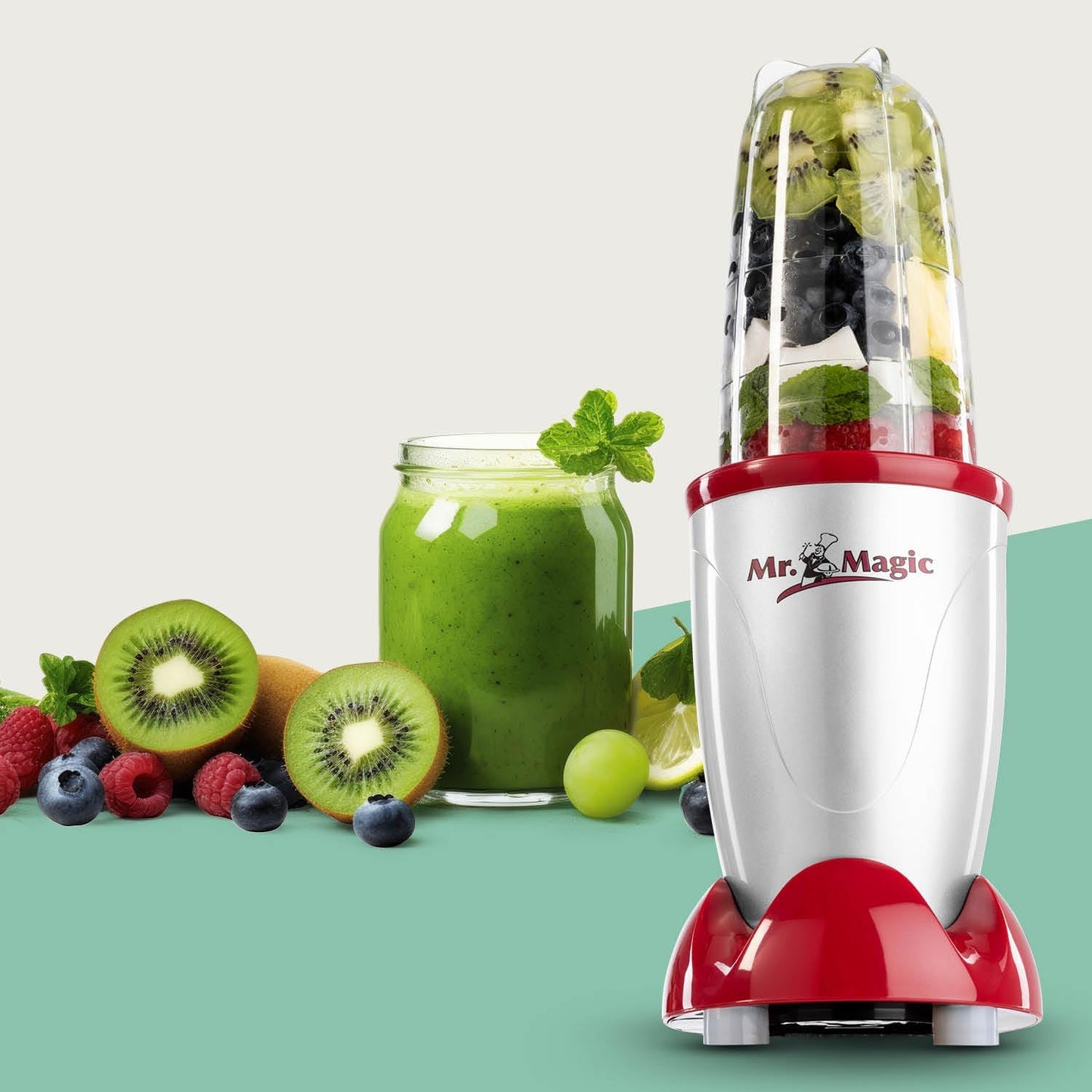 GOURMETmaxx Mr. Magic Mixer Smoothie Maker Over dit item TWEEDE SNELHEID VAN PREPARATIE: Vaarwel grote keukenmachine! Hier komt de compacte keuken alleskunner voor je dagelijkse vitamine-inname. Want met de GOURMETmaxx Mr Magic in de 18-delige set kun je