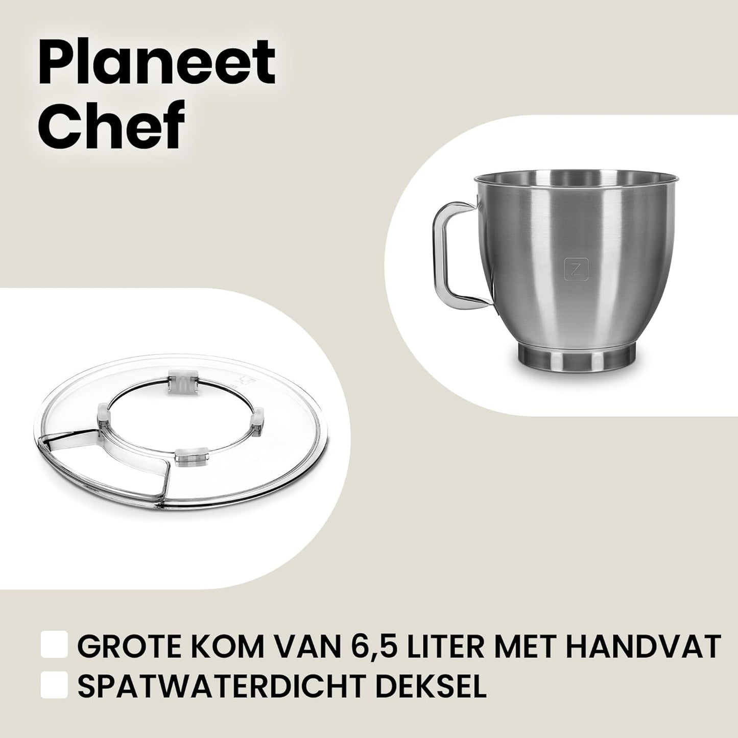 Zeegma Planeet Chef - 2200W Keukenmachine, 6,5L Misa, 7 Snelheden, Pulse Functie, Teflon Gecoate Accessoires, Vaatwasserbestendig GROTE 6,5L MENGKOM MET ANTISPUITSCHERM De ruime mengkom van 6,5 liter is perfect voor grote hoeveelheden deeg of beslag, terw