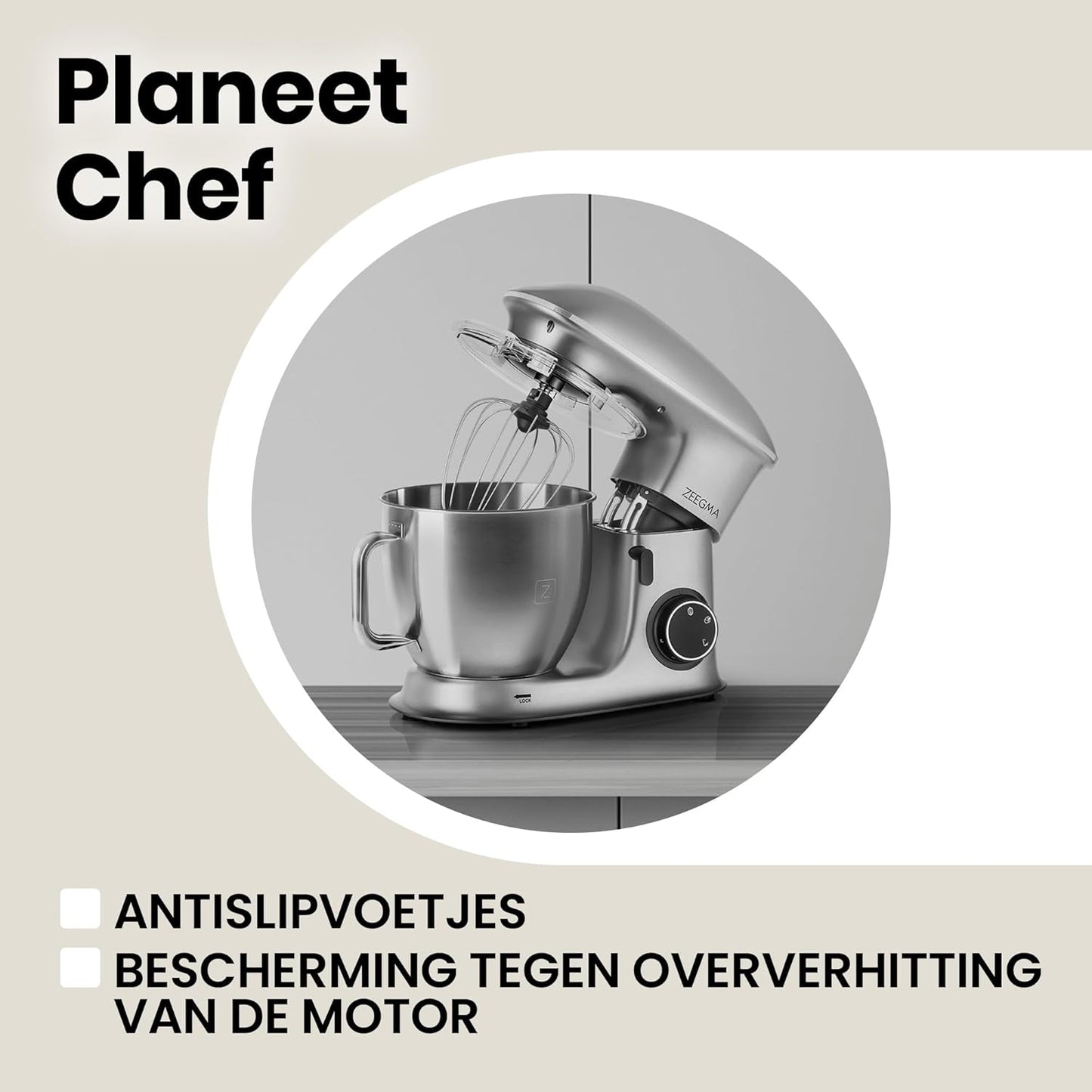 Zeegma Planeet Chef - 2200W Keukenmachine, 6,5L Misa, 7 Snelheden, Pulse Functie, Teflon Gecoate Accessoires, Vaatwasserbestendig GROTE 6,5L MENGKOM MET ANTISPUITSCHERM De ruime mengkom van 6,5 liter is perfect voor grote hoeveelheden deeg of beslag, terw