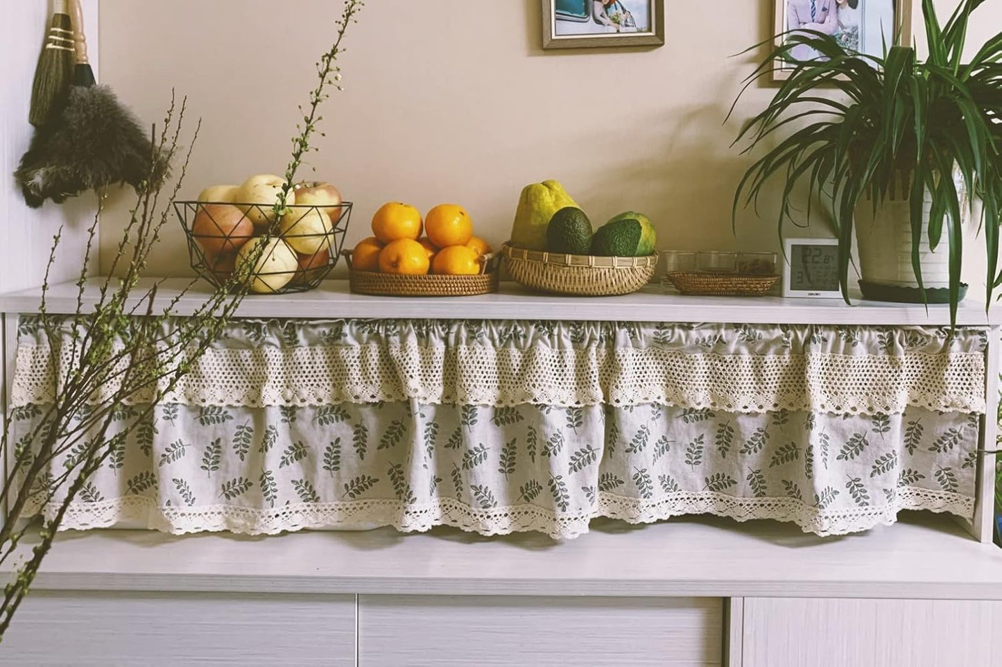 A.Monamour Beige katoen linnen groen blad retro rustieke boerderij land staaf zak ondoorzichtig kort gordijn voor kleine raamgordijnen raambehandeling volant tinten voor keuken café badkamer Productbeschrijving De gordijnen kunnen licht filteren, privacy