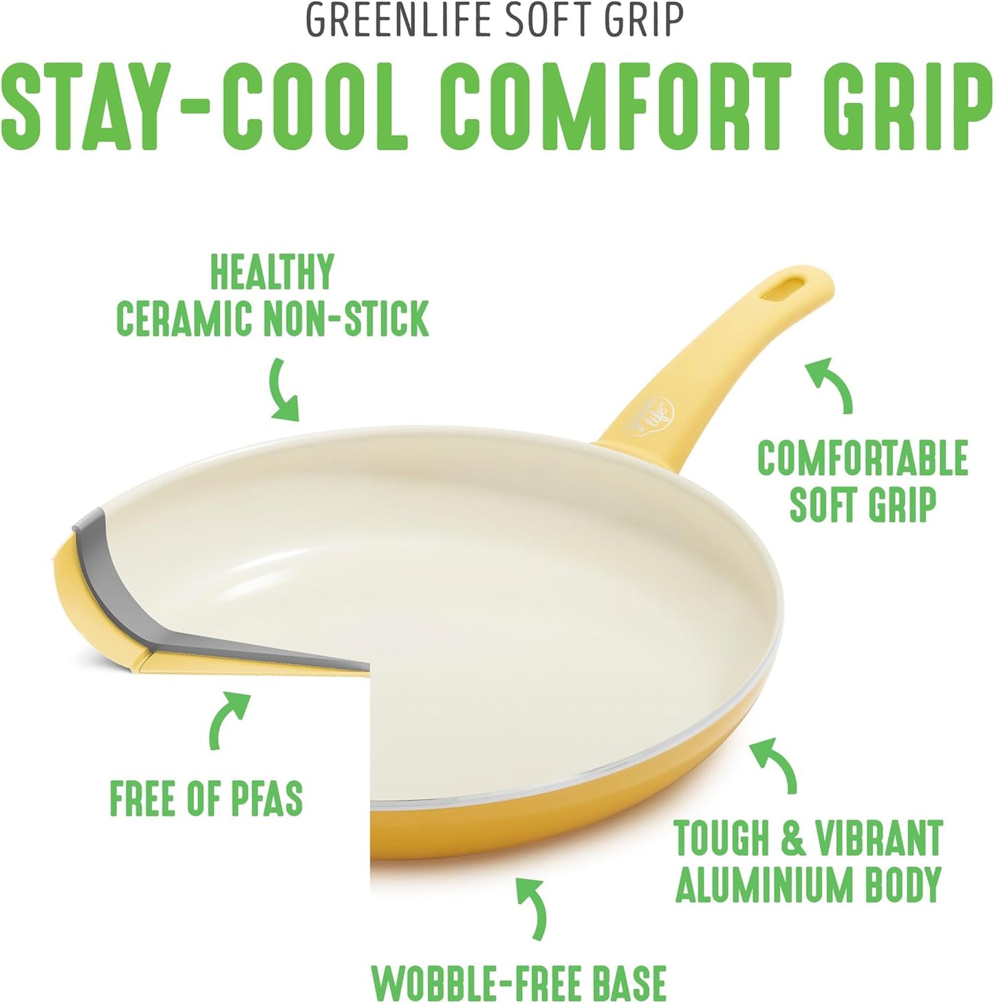 GreenLife Soft Grip Gezonde Keramische Antiaanbaklaag 16-delige Pannenset Over dit item DE POT EN PAN SET INCLUSIEF: 12 cm minikoekenpan, 18 cm en 24 cm koekenpan; 15 cm/1,1l en 18 cm/1,9l steelpan met deksel, 22 cm/4,8 kookpan met deksel, 24 cm/2,4l hapj