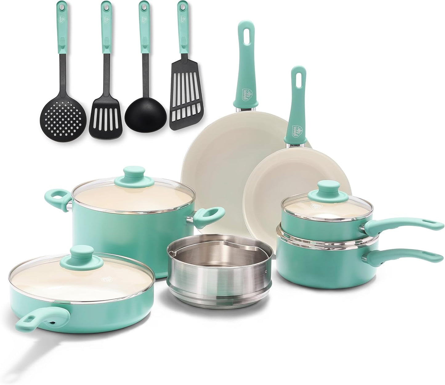 GreenLife Soft Grip Gezonde Keramische Antiaanbaklaag 16-delige Pannenset Over dit item DE POT EN PAN SET INCLUSIEF: 12 cm minikoekenpan, 18 cm en 24 cm koekenpan; 15 cm/1,1l en 18 cm/1,9l steelpan met deksel, 22 cm/4,8 kookpan met deksel, 24 cm/2,4l hapj