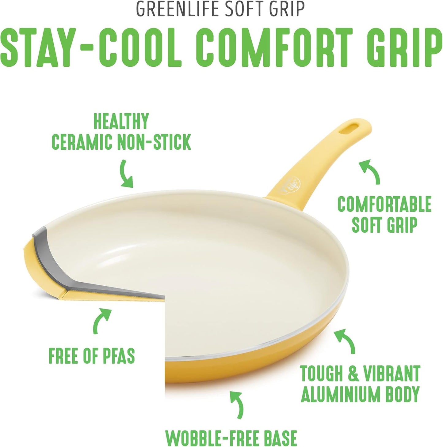 GreenLife Soft Grip Gezonde Keramische Antiaanbaklaag 16-delige Pannenset Over dit item DE POT EN PAN SET INCLUSIEF: 12 cm minikoekenpan, 18 cm en 24 cm koekenpan; 15 cm/1,1l en 18 cm/1,9l steelpan met deksel, 22 cm/4,8 kookpan met deksel, 24 cm/2,4l hapj