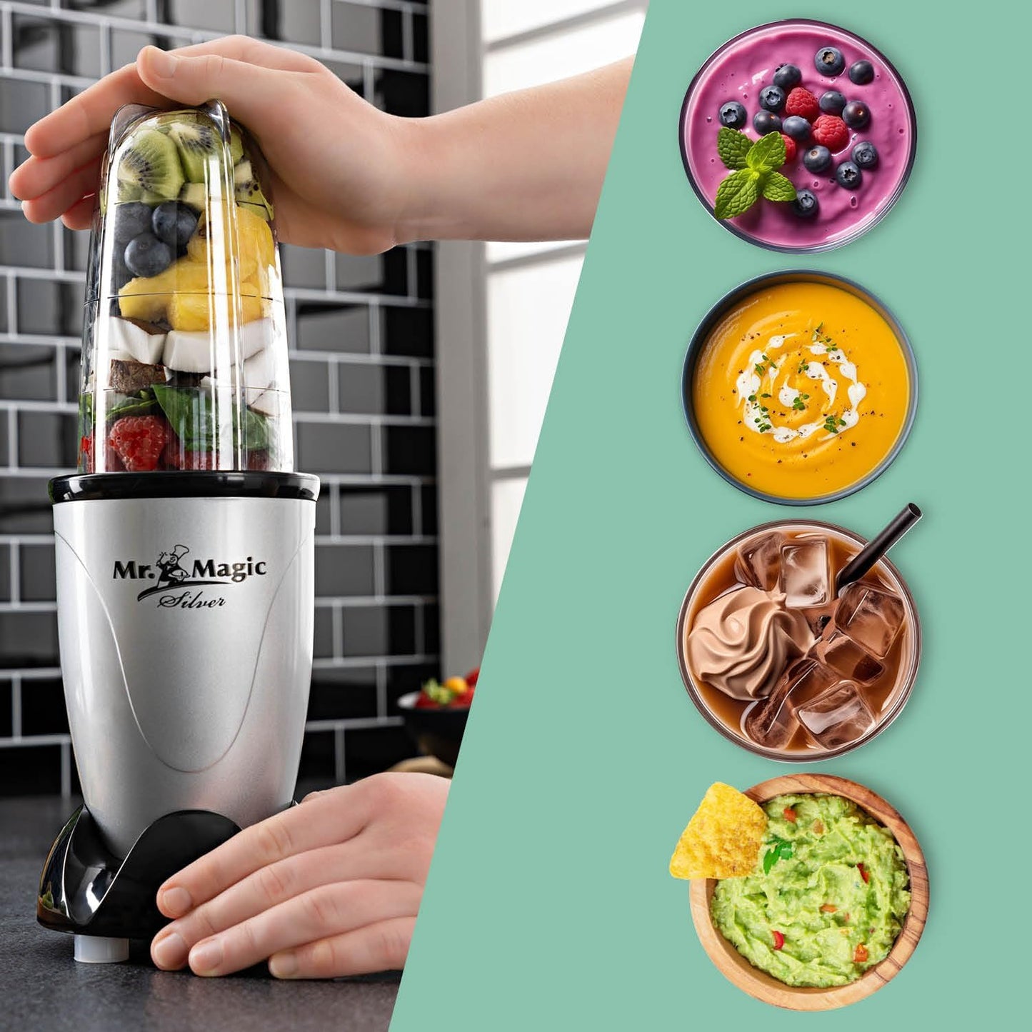 GOURMETmaxx Mr. Magic Mixer Smoothie Maker Over dit item TWEEDE SNELHEID VAN PREPARATIE: Vaarwel grote keukenmachine! Hier komt de compacte keuken alleskunner voor je dagelijkse vitamine-inname. Want met de GOURMETmaxx Mr Magic in de 18-delige set kun je