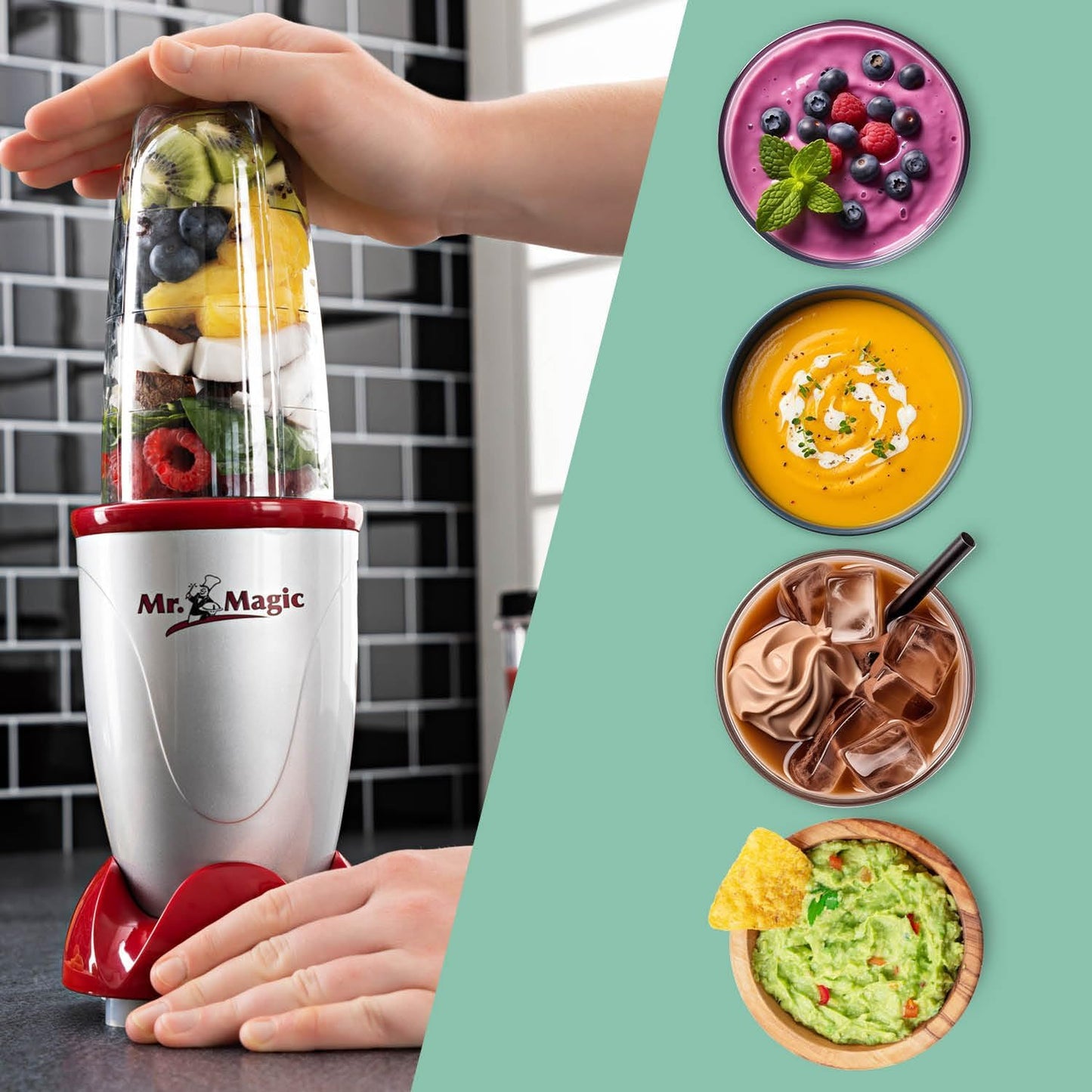 GOURMETmaxx Mr. Magic Mixer Smoothie Maker Over dit item TWEEDE SNELHEID VAN PREPARATIE: Vaarwel grote keukenmachine! Hier komt de compacte keuken alleskunner voor je dagelijkse vitamine-inname. Want met de GOURMETmaxx Mr Magic in de 18-delige set kun je