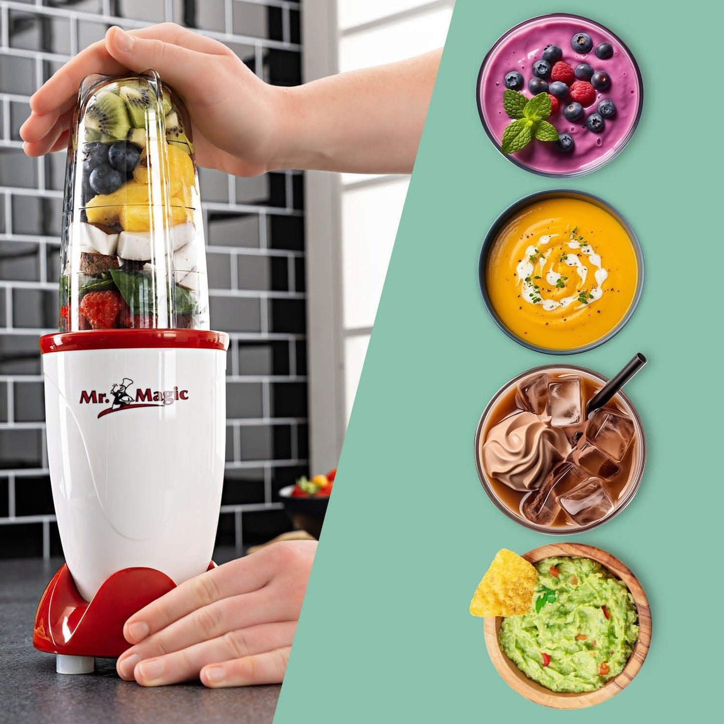 GOURMETmaxx Mr. Magic Mixer Smoothie Maker Over dit item TWEEDE SNELHEID VAN PREPARATIE: Vaarwel grote keukenmachine! Hier komt de compacte keuken alleskunner voor je dagelijkse vitamine-inname. Want met de GOURMETmaxx Mr Magic in de 18-delige set kun je