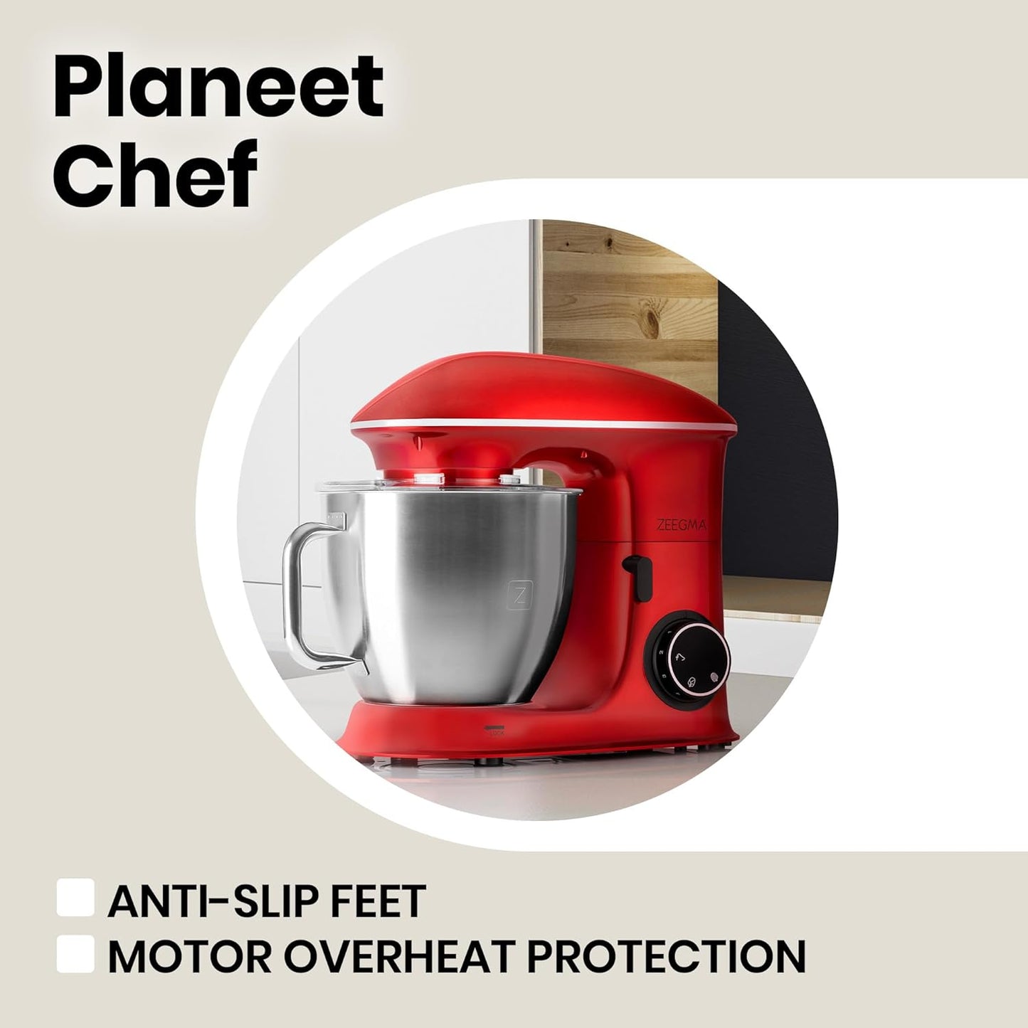 Zeegma Planeet Chef - 2200W Keukenmachine, 6,5L Misa, 7 Snelheden, Pulse Functie, Teflon Gecoate Accessoires, Vaatwasserbestendig GROTE 6,5L MENGKOM MET ANTISPUITSCHERM De ruime mengkom van 6,5 liter is perfect voor grote hoeveelheden deeg of beslag, terw