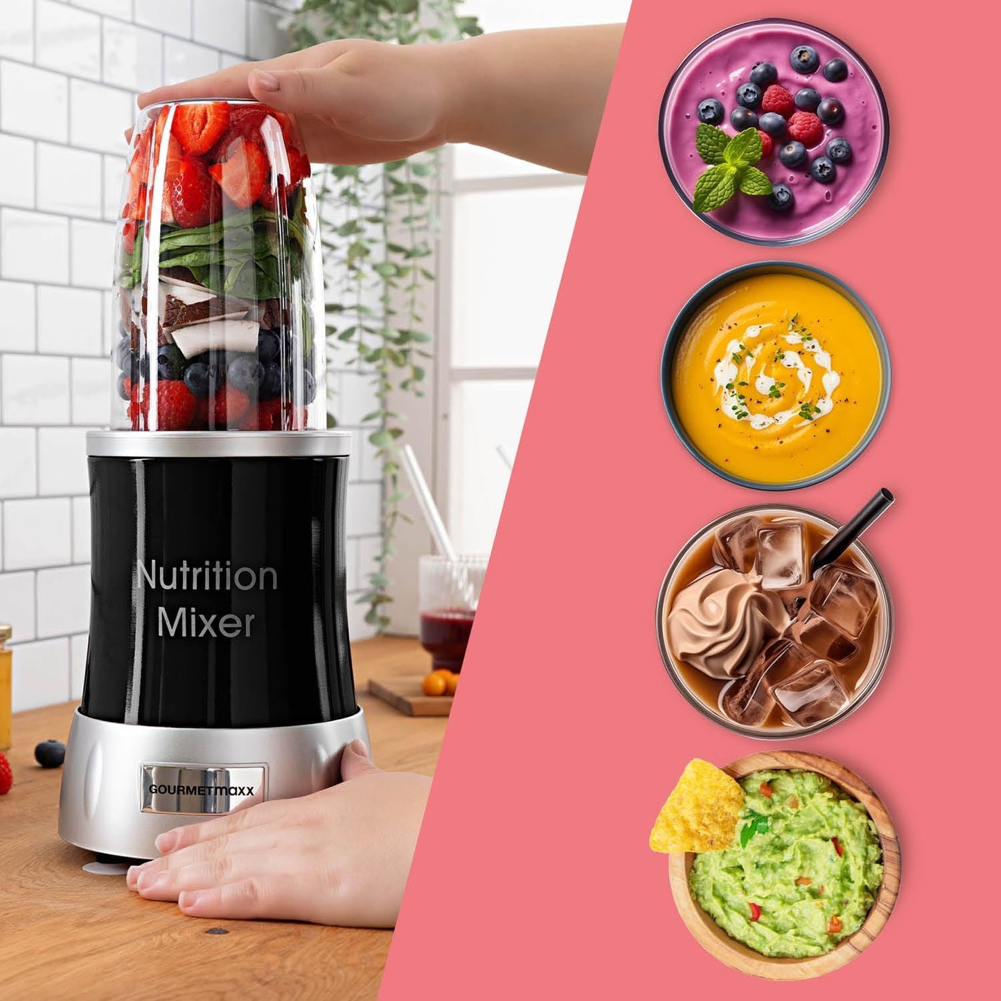 GOURMETmaxx Mr. Magic Mixer Smoothie Maker Over dit item TWEEDE SNELHEID VAN PREPARATIE: Vaarwel grote keukenmachine! Hier komt de compacte keuken alleskunner voor je dagelijkse vitamine-inname. Want met de GOURMETmaxx Mr Magic in de 18-delige set kun je