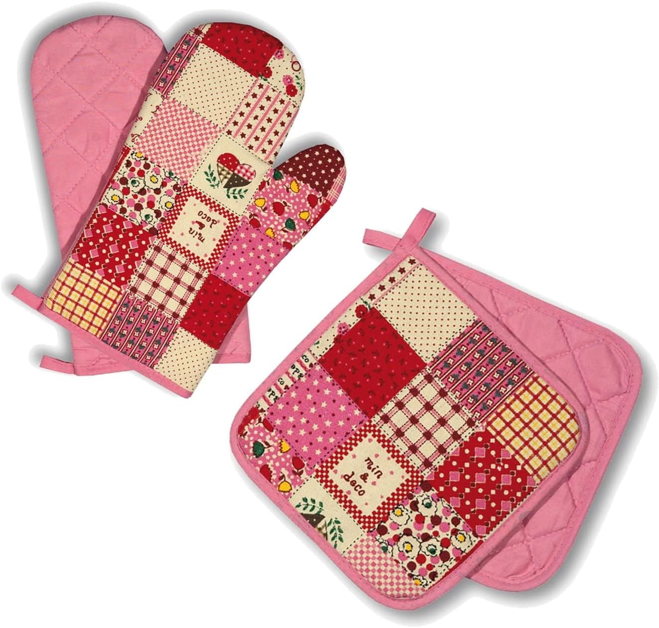 Ovenwanten Kitchen, patchwork, roze, 1 paar, PSA-categorie II hittebestendig tot 250 °C, getest en gecertificeerd product Delindo Lifestyle Ovenwanten pannenlappen serie Kitchen Open handschoenen en pannenlappen voldoen aan de normen EN 21420, EN 388 en E