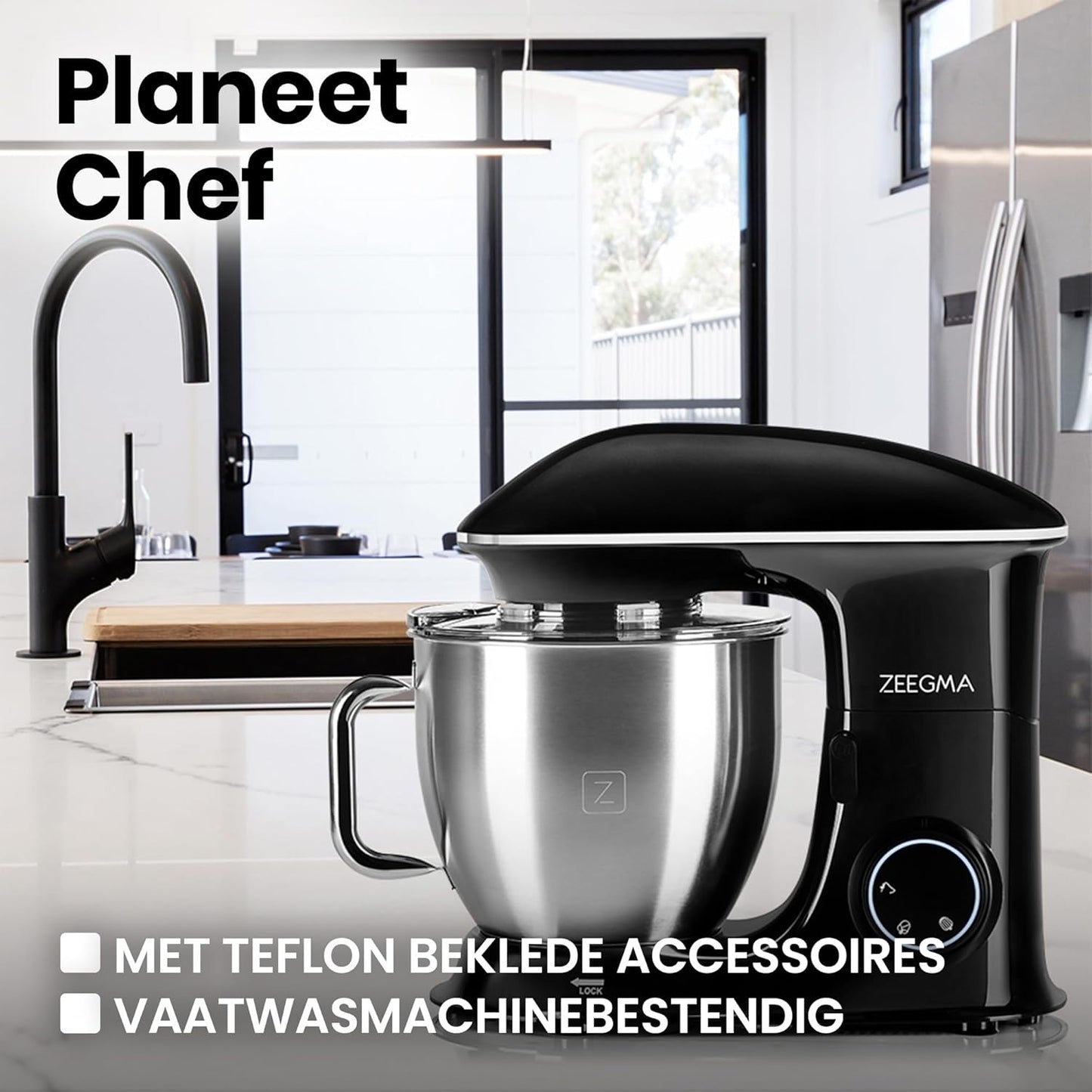 Zeegma Planeet Chef - 2200W Keukenmachine, 6,5L Misa, 7 Snelheden, Pulse Functie, Teflon Gecoate Accessoires, Vaatwasserbestendig GROTE 6,5L MENGKOM MET ANTISPUITSCHERM De ruime mengkom van 6,5 liter is perfect voor grote hoeveelheden deeg of beslag, terw
