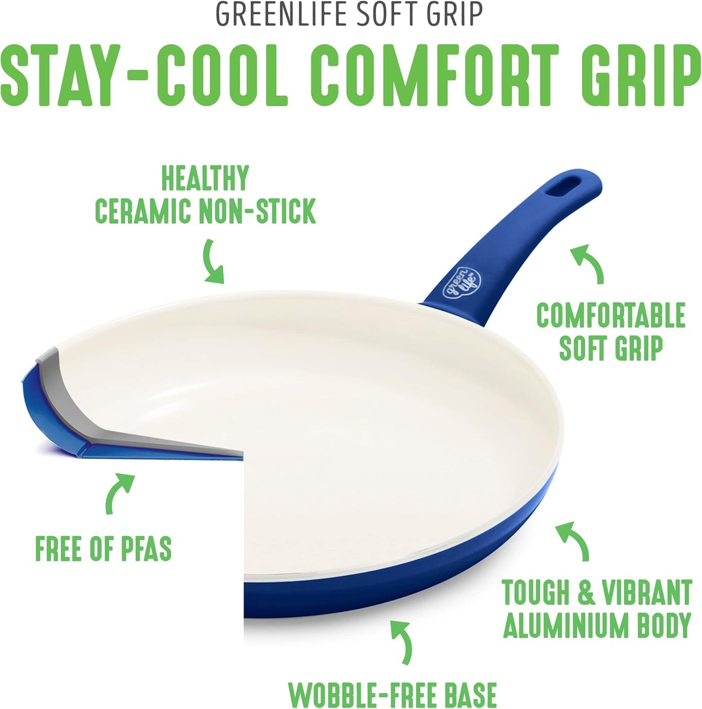 GreenLife Soft Grip Gezonde Keramische Antiaanbaklaag 16-delige Pannenset Over dit item DE POT EN PAN SET INCLUSIEF: 12 cm minikoekenpan, 18 cm en 24 cm koekenpan; 15 cm/1,1l en 18 cm/1,9l steelpan met deksel, 22 cm/4,8 kookpan met deksel, 24 cm/2,4l hapj