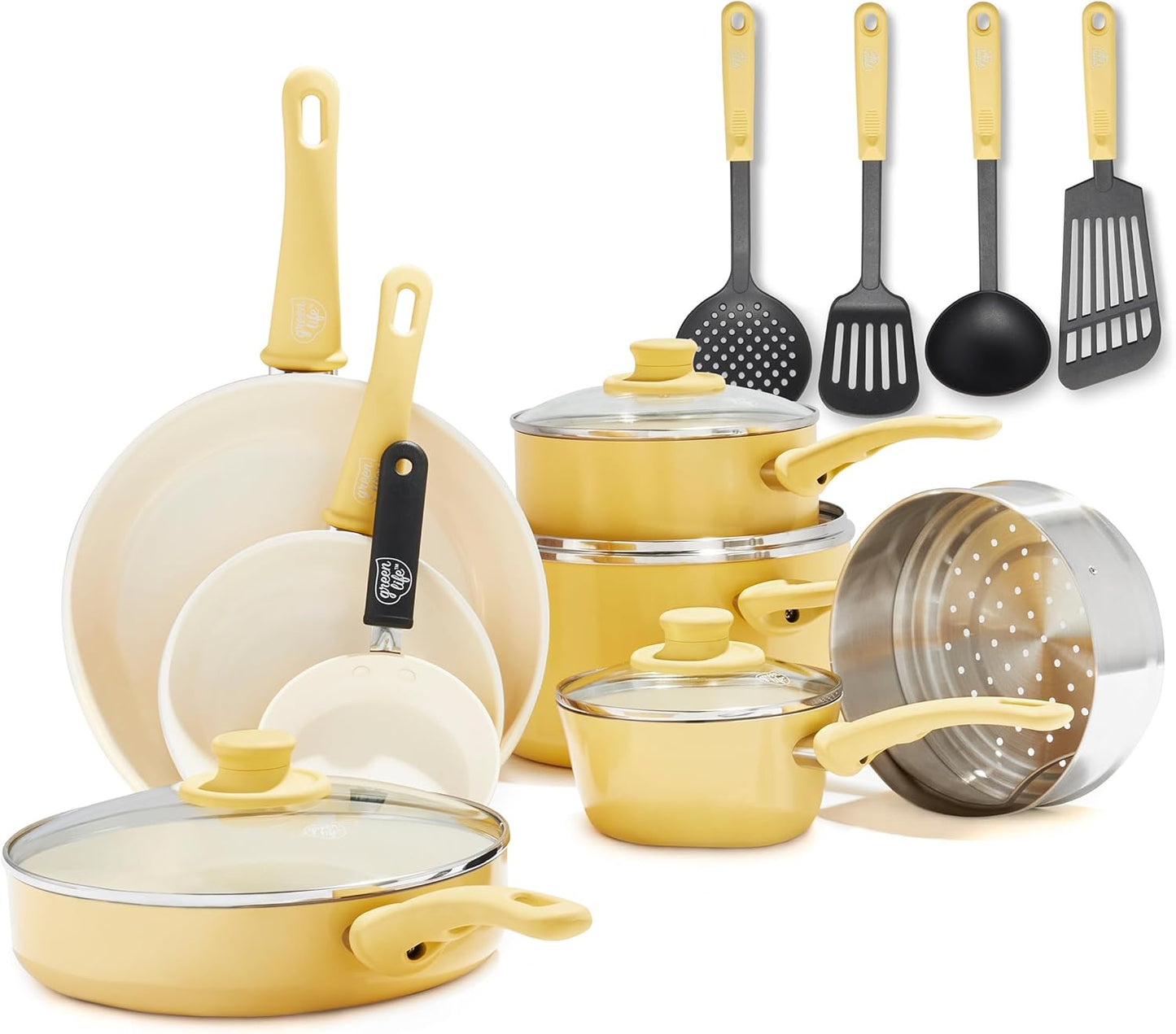 GreenLife Soft Grip Gezonde Keramische Antiaanbaklaag 16-delige Pannenset Over dit item DE POT EN PAN SET INCLUSIEF: 12 cm minikoekenpan, 18 cm en 24 cm koekenpan; 15 cm/1,1l en 18 cm/1,9l steelpan met deksel, 22 cm/4,8 kookpan met deksel, 24 cm/2,4l hapj