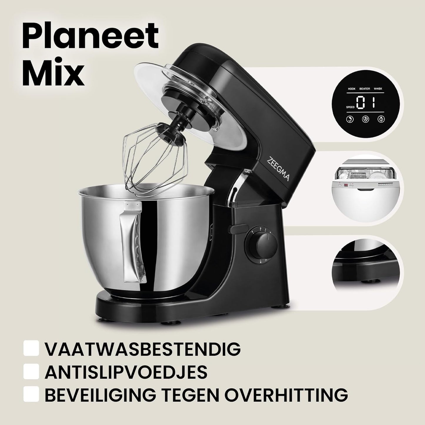 Zeegma Planeet Chef - 2200W Keukenmachine, 6,5L Misa, 7 Snelheden, Pulse Functie, Teflon Gecoate Accessoires, Vaatwasserbestendig GROTE 6,5L MENGKOM MET ANTISPUITSCHERM De ruime mengkom van 6,5 liter is perfect voor grote hoeveelheden deeg of beslag, terw