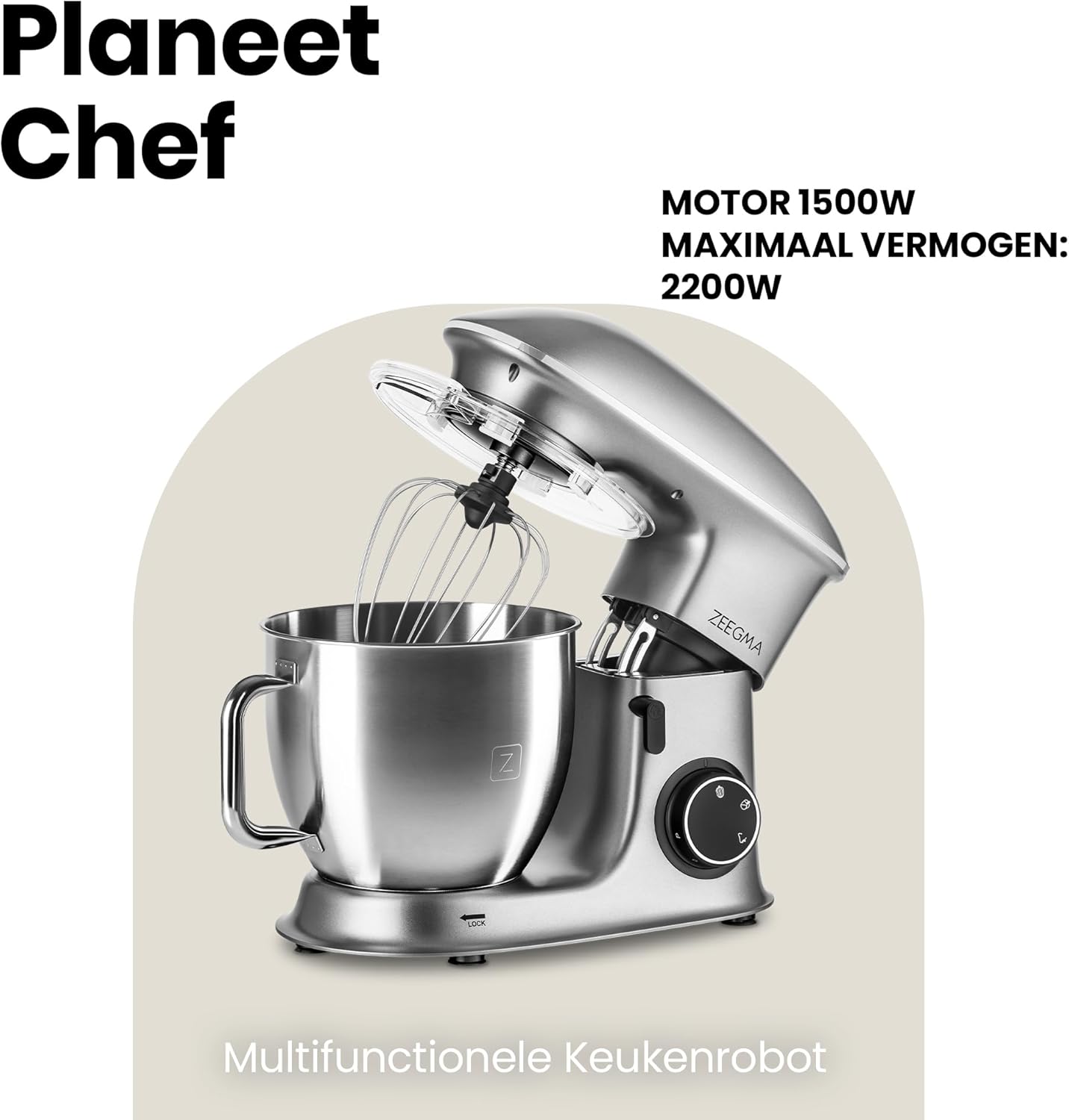 Zeegma Planeet Chef - 2200W Keukenmachine, 6,5L Misa, 7 Snelheden, Pulse Functie, Teflon Gecoate Accessoires, Vaatwasserbestendig GROTE 6,5L MENGKOM MET ANTISPUITSCHERM De ruime mengkom van 6,5 liter is perfect voor grote hoeveelheden deeg of beslag, terw