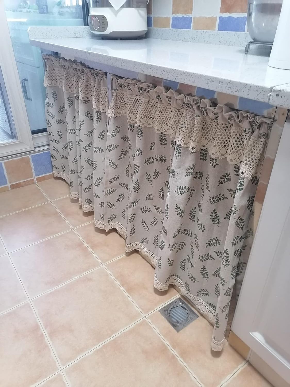 A.Monamour Beige katoen linnen groen blad retro rustieke boerderij land staaf zak ondoorzichtig kort gordijn voor kleine raamgordijnen raambehandeling volant tinten voor keuken café badkamer Productbeschrijving De gordijnen kunnen licht filteren, privacy