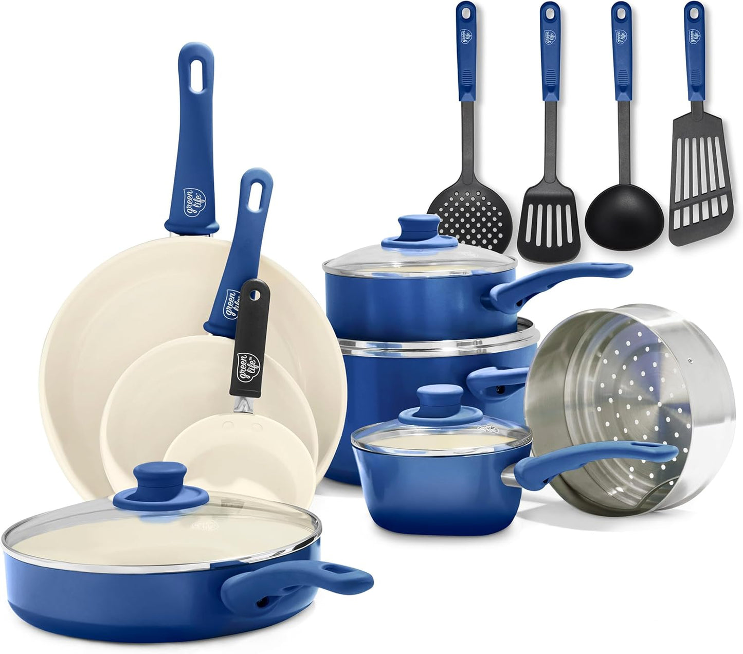 GreenLife Soft Grip Gezonde Keramische Antiaanbaklaag 16-delige Pannenset Over dit item DE POT EN PAN SET INCLUSIEF: 12 cm minikoekenpan, 18 cm en 24 cm koekenpan; 15 cm/1,1l en 18 cm/1,9l steelpan met deksel, 22 cm/4,8 kookpan met deksel, 24 cm/2,4l hapj