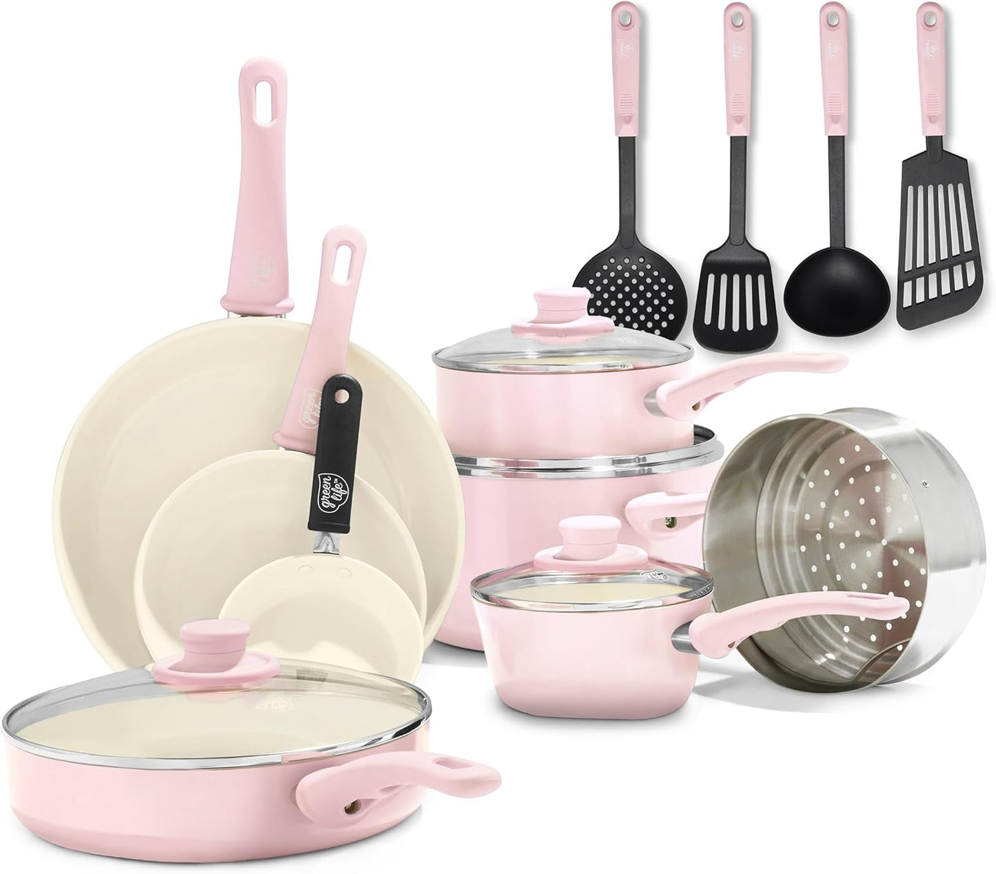 GreenLife Soft Grip Gezonde Keramische Antiaanbaklaag 16-delige Pannenset Over dit item DE POT EN PAN SET INCLUSIEF: 12 cm minikoekenpan, 18 cm en 24 cm koekenpan; 15 cm/1,1l en 18 cm/1,9l steelpan met deksel, 22 cm/4,8 kookpan met deksel, 24 cm/2,4l hapj
