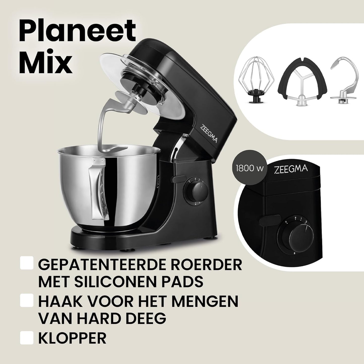 Zeegma Planeet Chef - 2200W Keukenmachine, 6,5L Misa, 7 Snelheden, Pulse Functie, Teflon Gecoate Accessoires, Vaatwasserbestendig GROTE 6,5L MENGKOM MET ANTISPUITSCHERM De ruime mengkom van 6,5 liter is perfect voor grote hoeveelheden deeg of beslag, terw