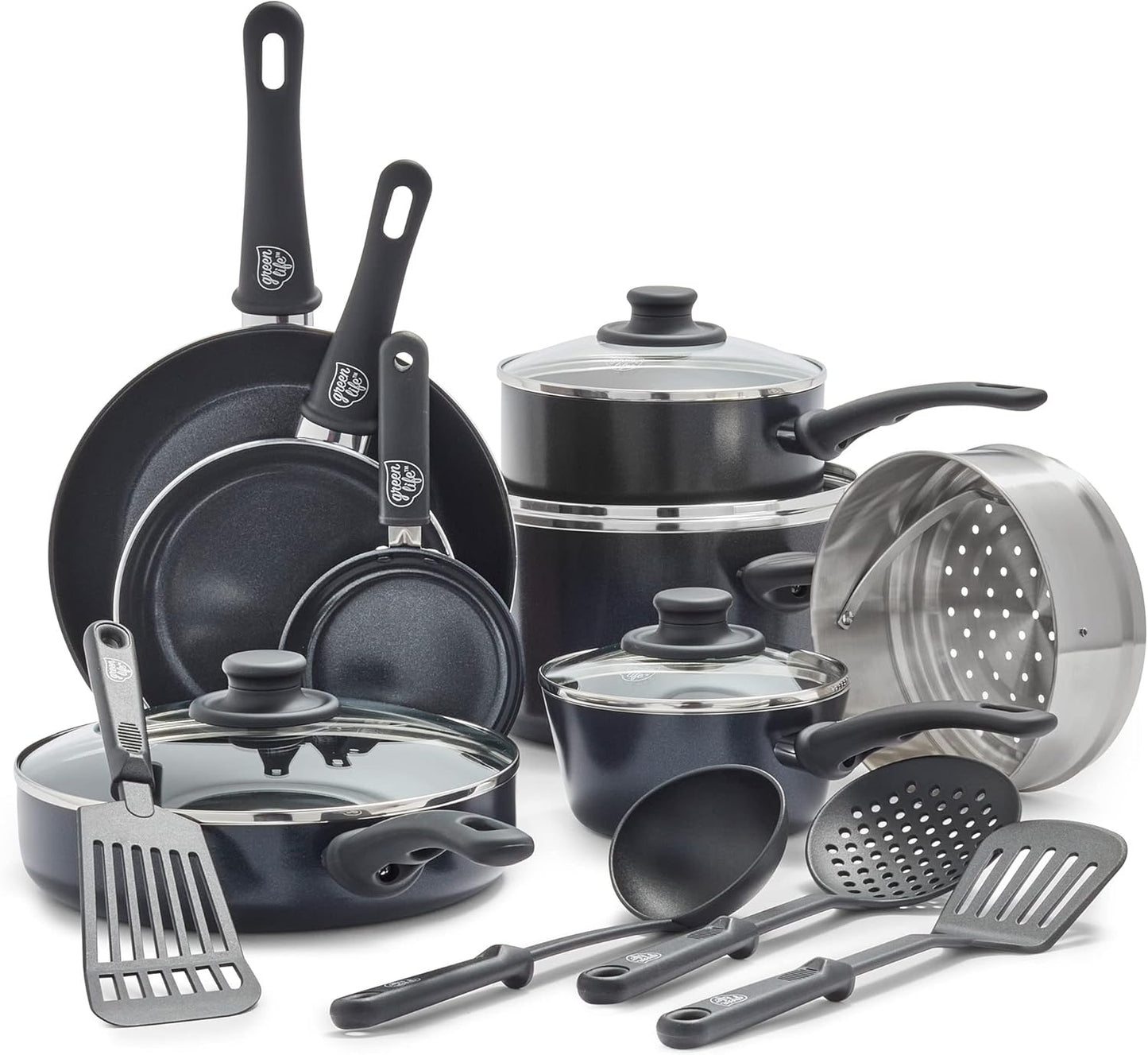 GreenLife Soft Grip Gezonde Keramische Antiaanbaklaag 16-delige Pannenset Over dit item DE POT EN PAN SET INCLUSIEF: 12 cm minikoekenpan, 18 cm en 24 cm koekenpan; 15 cm/1,1l en 18 cm/1,9l steelpan met deksel, 22 cm/4,8 kookpan met deksel, 24 cm/2,4l hapj