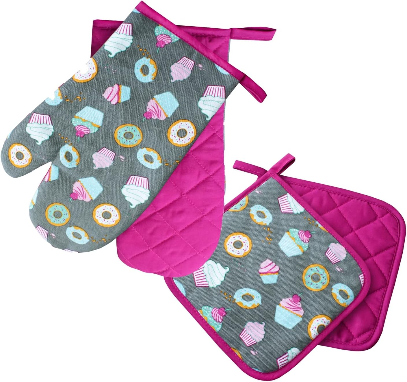 Ovenwanten Kitchen, patchwork, roze, 1 paar, PSA-categorie II hittebestendig tot 250 °C, getest en gecertificeerd product Delindo Lifestyle Ovenwanten pannenlappen serie Kitchen Open handschoenen en pannenlappen voldoen aan de normen EN 21420, EN 388 en E
