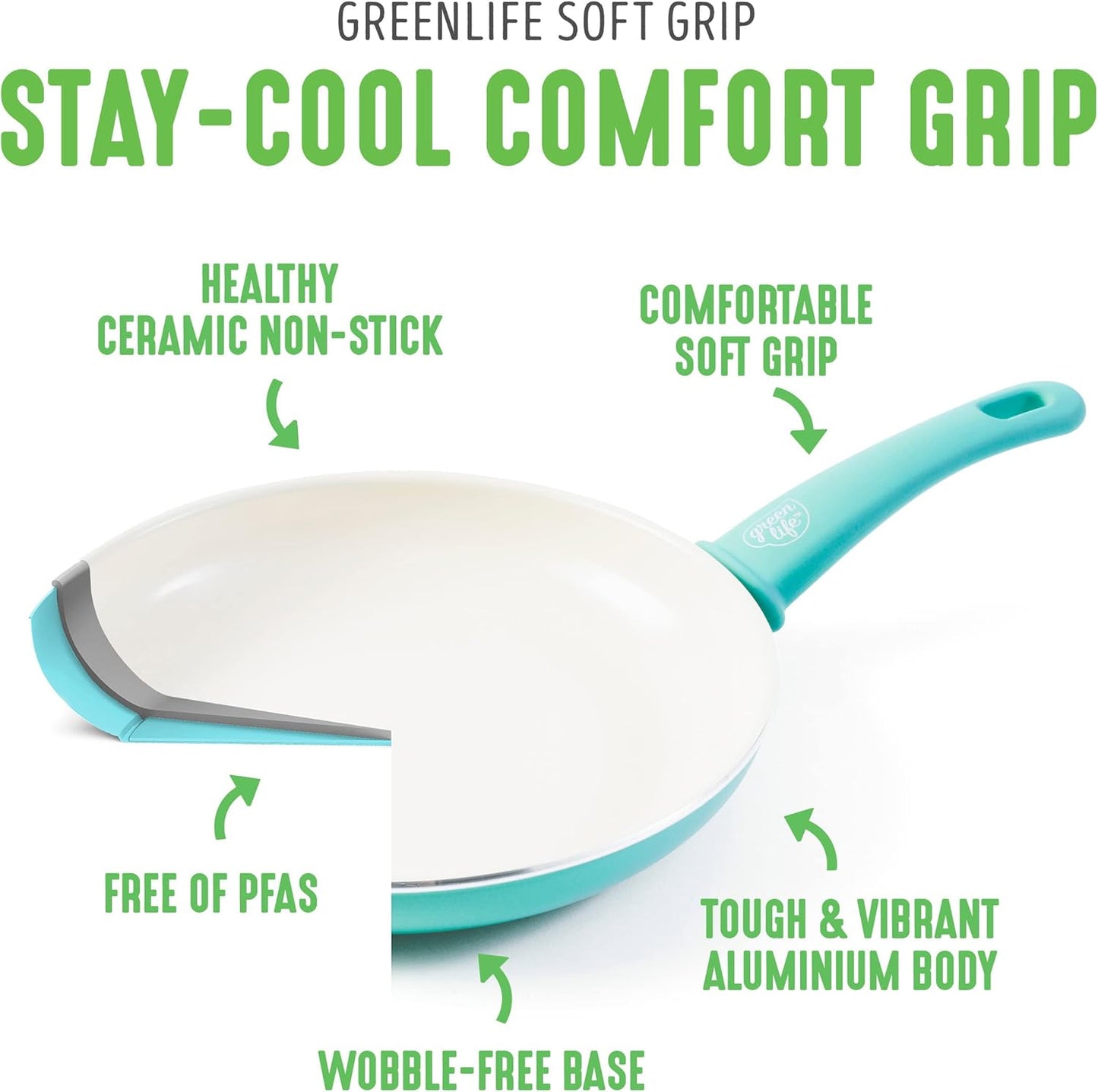 GreenLife Soft Grip Gezonde Keramische Antiaanbaklaag 16-delige Pannenset Over dit item DE POT EN PAN SET INCLUSIEF: 12 cm minikoekenpan, 18 cm en 24 cm koekenpan; 15 cm/1,1l en 18 cm/1,9l steelpan met deksel, 22 cm/4,8 kookpan met deksel, 24 cm/2,4l hapj