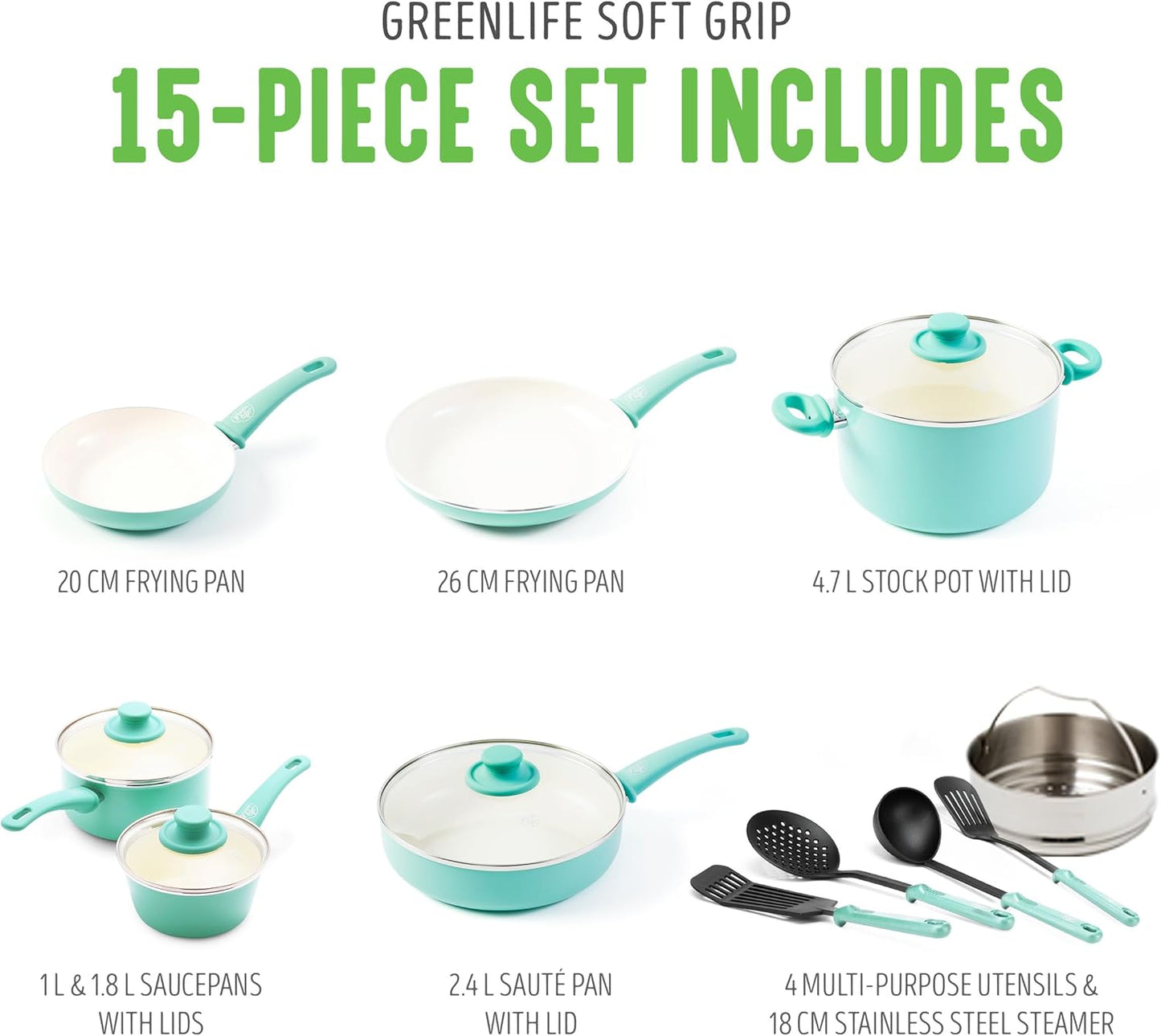 GreenLife Soft Grip Gezonde Keramische Antiaanbaklaag 16-delige Pannenset Over dit item DE POT EN PAN SET INCLUSIEF: 12 cm minikoekenpan, 18 cm en 24 cm koekenpan; 15 cm/1,1l en 18 cm/1,9l steelpan met deksel, 22 cm/4,8 kookpan met deksel, 24 cm/2,4l hapj