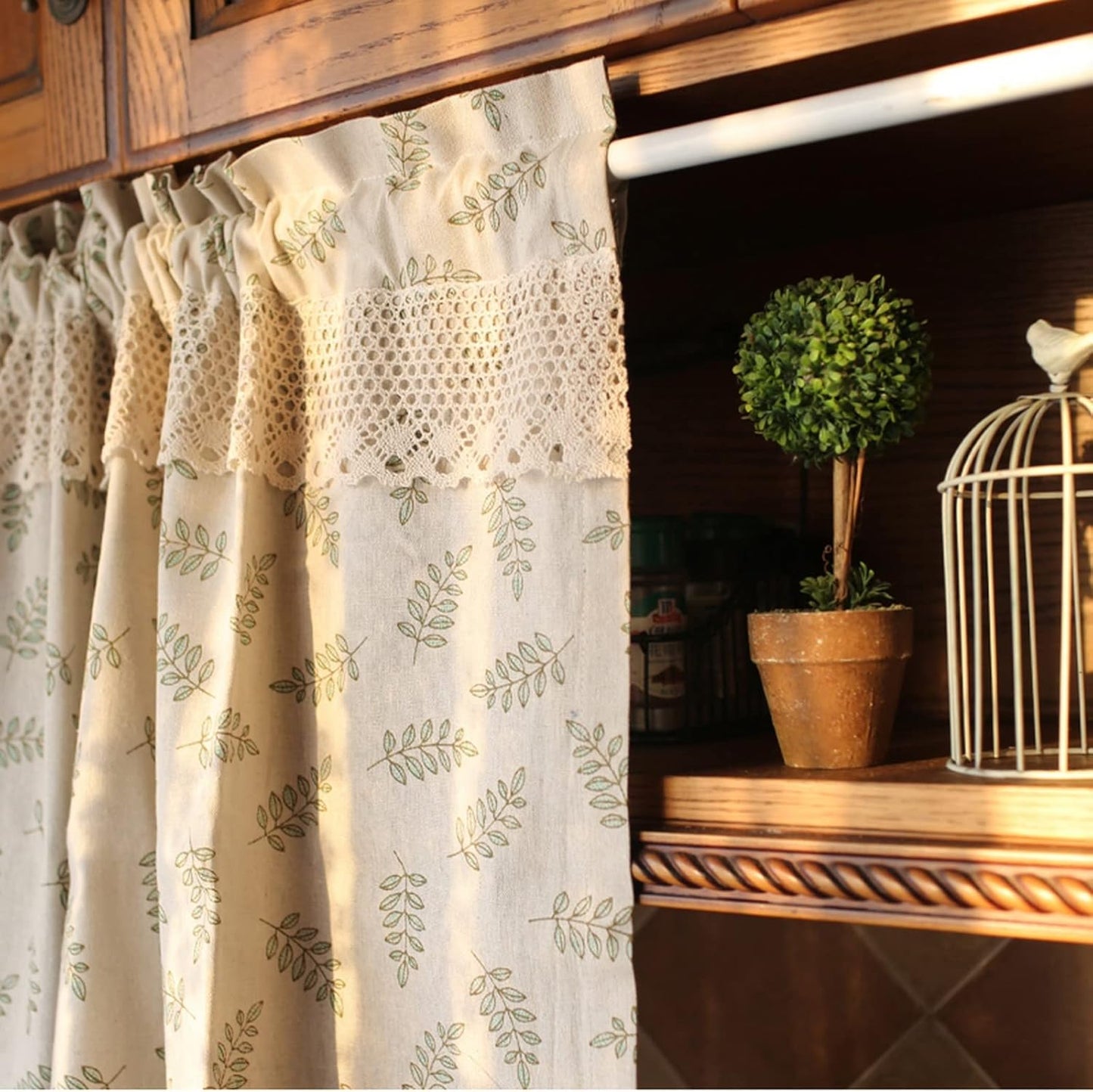 A.Monamour Beige katoen linnen groen blad retro rustieke boerderij land staaf zak ondoorzichtig kort gordijn voor kleine raamgordijnen raambehandeling volant tinten voor keuken café badkamer Productbeschrijving De gordijnen kunnen licht filteren, privacy