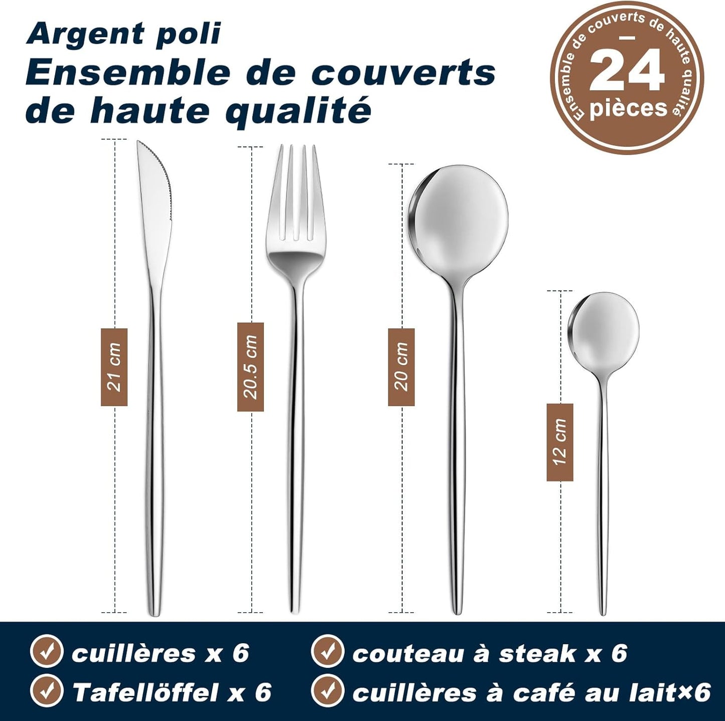 Bestdin Bestekset voor 6 personen, 24-delige roestvrijstalen bestekset Matzwart 24-delige bestekset voor 6 personen: Bestdin als 24-delige titanium bestekset zwart bestaat uit 6 messen, 6 eetlepels, 6 dinervorken, 6 theelepels. Ideaal voor alle formele of