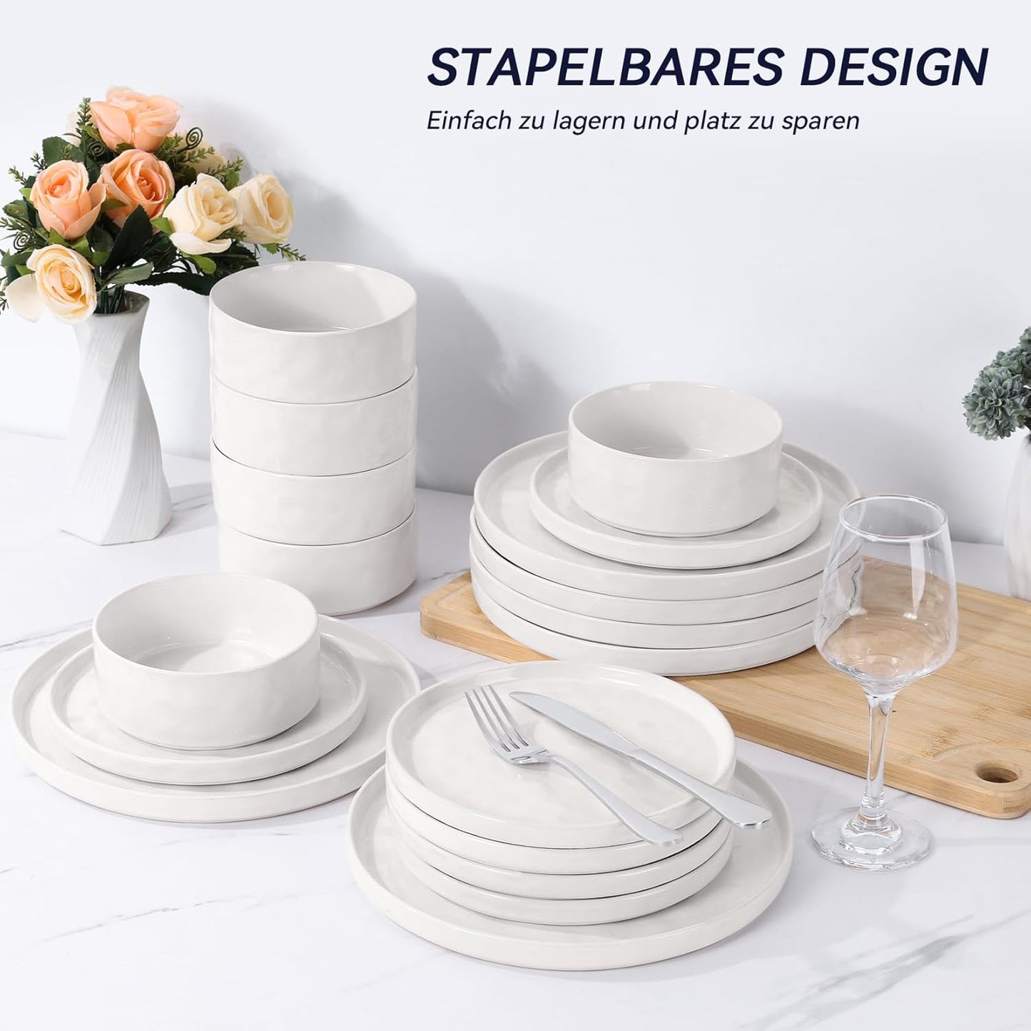Onader Serviesset, 18-delig aardewerk, tafelserviesset, mueslikommen, platte borden en dessertborden, set voor 6 personen, anti-kras en magnetronbestendig, cappuccino kaki Onader 18-delige tafelserviesset van aardewerk is gemaakt van premium klei met reac