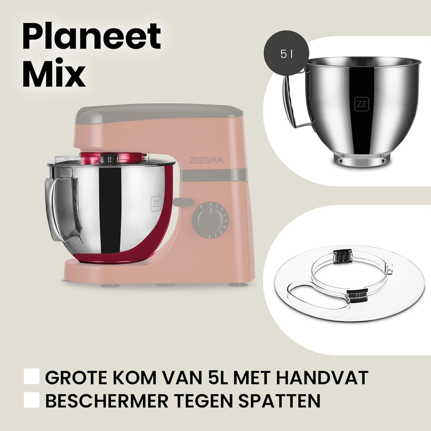 Zeegma Planeet Chef - 2200W Keukenmachine, 6,5L Misa, 7 Snelheden, Pulse Functie, Teflon Gecoate Accessoires, Vaatwasserbestendig GROTE 6,5L MENGKOM MET ANTISPUITSCHERM De ruime mengkom van 6,5 liter is perfect voor grote hoeveelheden deeg of beslag, terw