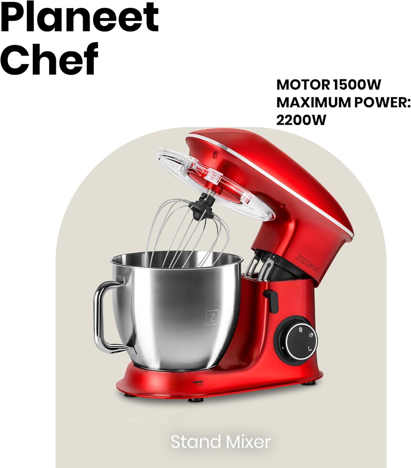 Zeegma Planeet Chef - 2200W Keukenmachine, 6,5L Misa, 7 Snelheden, Pulse Functie, Teflon Gecoate Accessoires, Vaatwasserbestendig GROTE 6,5L MENGKOM MET ANTISPUITSCHERM De ruime mengkom van 6,5 liter is perfect voor grote hoeveelheden deeg of beslag, terw