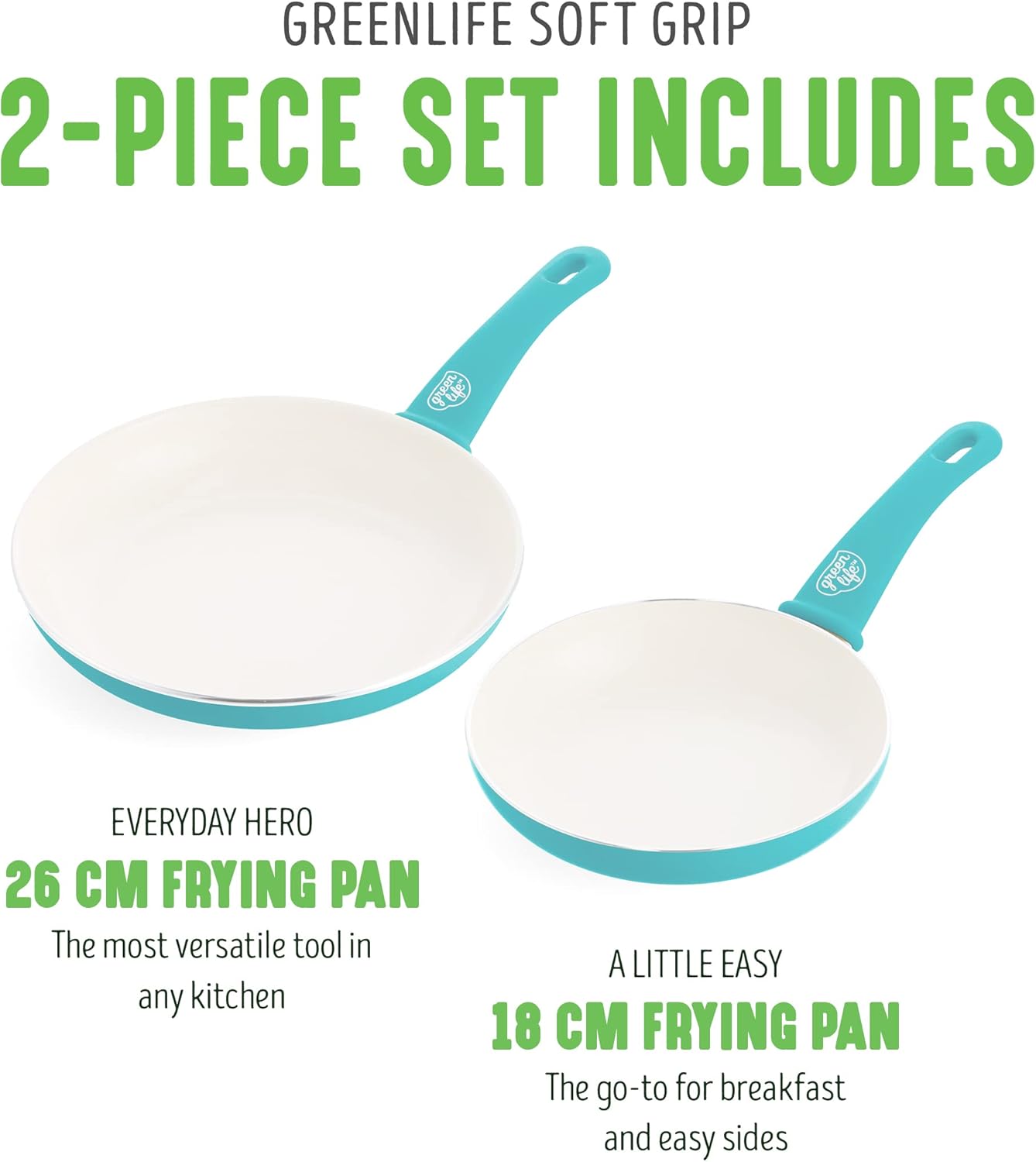 GreenLife Soft Grip Gezonde Keramische Antiaanbaklaag 16-delige Pannenset Over dit item DE POT EN PAN SET INCLUSIEF: 12 cm minikoekenpan, 18 cm en 24 cm koekenpan; 15 cm/1,1l en 18 cm/1,9l steelpan met deksel, 22 cm/4,8 kookpan met deksel, 24 cm/2,4l hapj