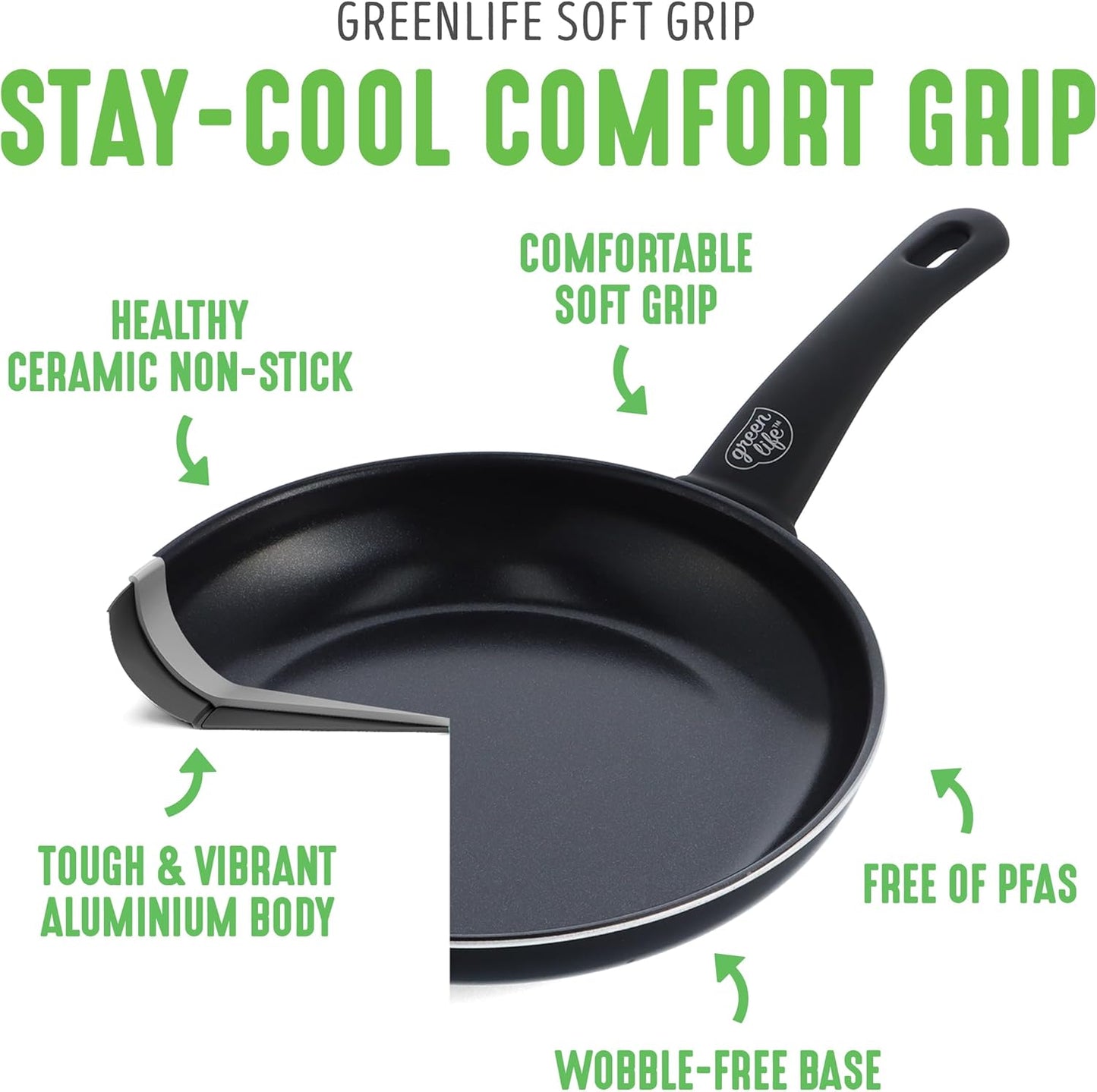 GreenLife Soft Grip Gezonde Keramische Antiaanbaklaag 16-delige Pannenset Over dit item DE POT EN PAN SET INCLUSIEF: 12 cm minikoekenpan, 18 cm en 24 cm koekenpan; 15 cm/1,1l en 18 cm/1,9l steelpan met deksel, 22 cm/4,8 kookpan met deksel, 24 cm/2,4l hapj