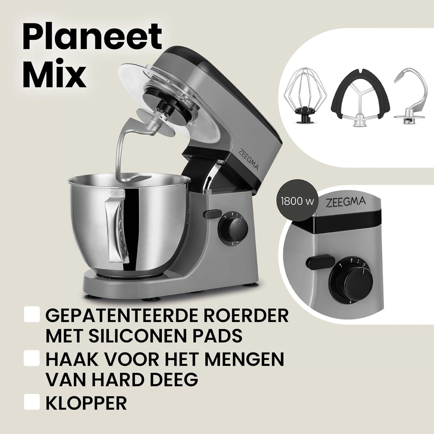 Zeegma Planeet Chef - 2200W Keukenmachine, 6,5L Misa, 7 Snelheden, Pulse Functie, Teflon Gecoate Accessoires, Vaatwasserbestendig GROTE 6,5L MENGKOM MET ANTISPUITSCHERM De ruime mengkom van 6,5 liter is perfect voor grote hoeveelheden deeg of beslag, terw