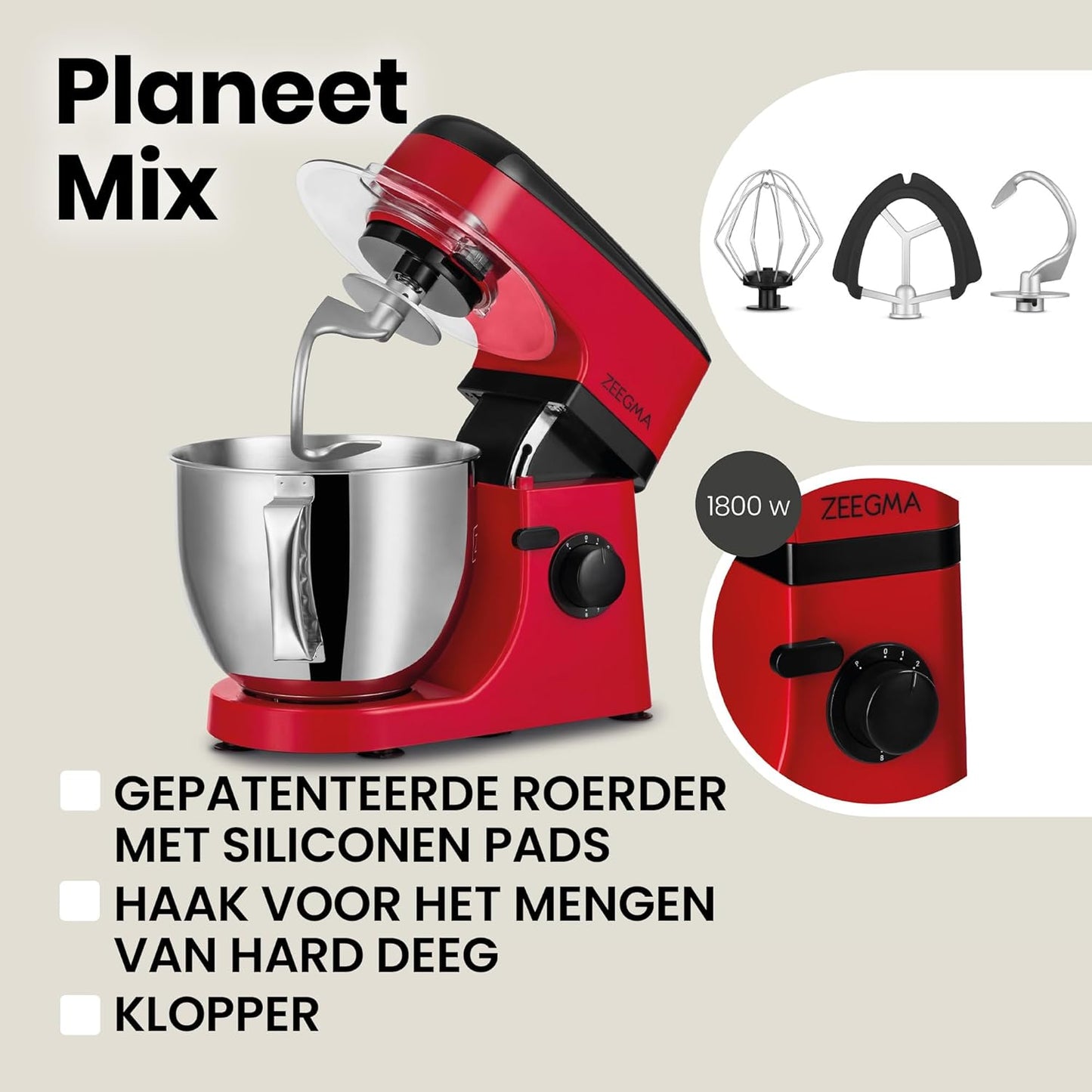 Zeegma Planeet Chef - 2200W Keukenmachine, 6,5L Misa, 7 Snelheden, Pulse Functie, Teflon Gecoate Accessoires, Vaatwasserbestendig GROTE 6,5L MENGKOM MET ANTISPUITSCHERM De ruime mengkom van 6,5 liter is perfect voor grote hoeveelheden deeg of beslag, terw
