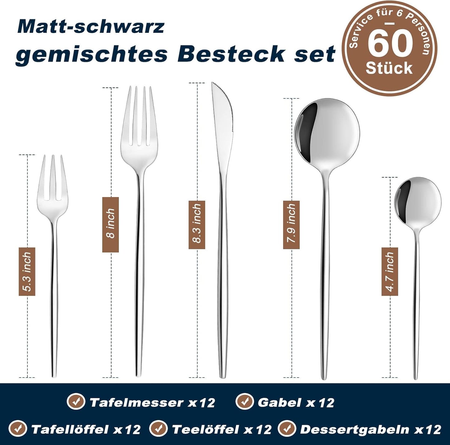 Bestdin Bestekset voor 6 personen, 24-delige roestvrijstalen bestekset Matzwart 24-delige bestekset voor 6 personen: Bestdin als 24-delige titanium bestekset zwart bestaat uit 6 messen, 6 eetlepels, 6 dinervorken, 6 theelepels. Ideaal voor alle formele of