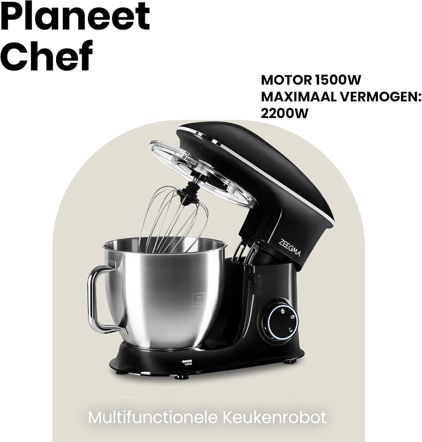 Zeegma Planeet Chef - 2200W Keukenmachine, 6,5L Misa, 7 Snelheden, Pulse Functie, Teflon Gecoate Accessoires, Vaatwasserbestendig GROTE 6,5L MENGKOM MET ANTISPUITSCHERM De ruime mengkom van 6,5 liter is perfect voor grote hoeveelheden deeg of beslag, terw