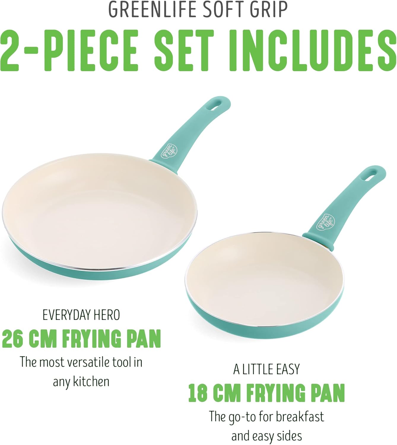 GreenLife Soft Grip Gezonde Keramische Antiaanbaklaag 16-delige Pannenset Over dit item DE POT EN PAN SET INCLUSIEF: 12 cm minikoekenpan, 18 cm en 24 cm koekenpan; 15 cm/1,1l en 18 cm/1,9l steelpan met deksel, 22 cm/4,8 kookpan met deksel, 24 cm/2,4l hapj