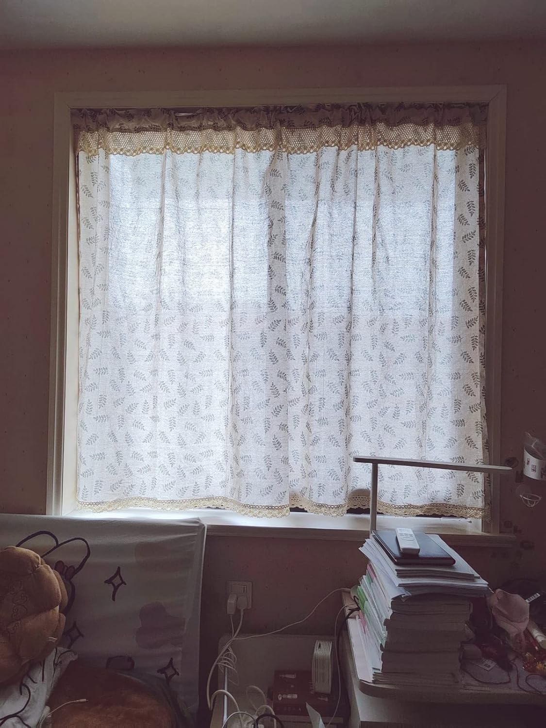 A.Monamour Beige katoen linnen groen blad retro rustieke boerderij land staaf zak ondoorzichtig kort gordijn voor kleine raamgordijnen raambehandeling volant tinten voor keuken café badkamer Productbeschrijving De gordijnen kunnen licht filteren, privacy