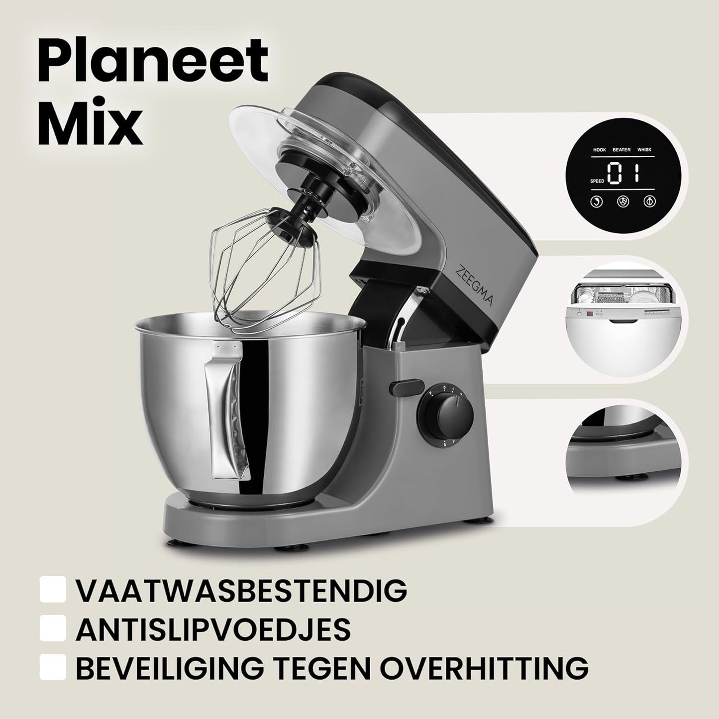 Zeegma Planeet Chef - 2200W Keukenmachine, 6,5L Misa, 7 Snelheden, Pulse Functie, Teflon Gecoate Accessoires, Vaatwasserbestendig GROTE 6,5L MENGKOM MET ANTISPUITSCHERM De ruime mengkom van 6,5 liter is perfect voor grote hoeveelheden deeg of beslag, terw