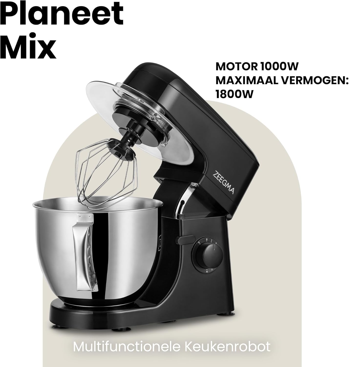 Zeegma Planeet Chef - 2200W Keukenmachine, 6,5L Misa, 7 Snelheden, Pulse Functie, Teflon Gecoate Accessoires, Vaatwasserbestendig GROTE 6,5L MENGKOM MET ANTISPUITSCHERM De ruime mengkom van 6,5 liter is perfect voor grote hoeveelheden deeg of beslag, terw