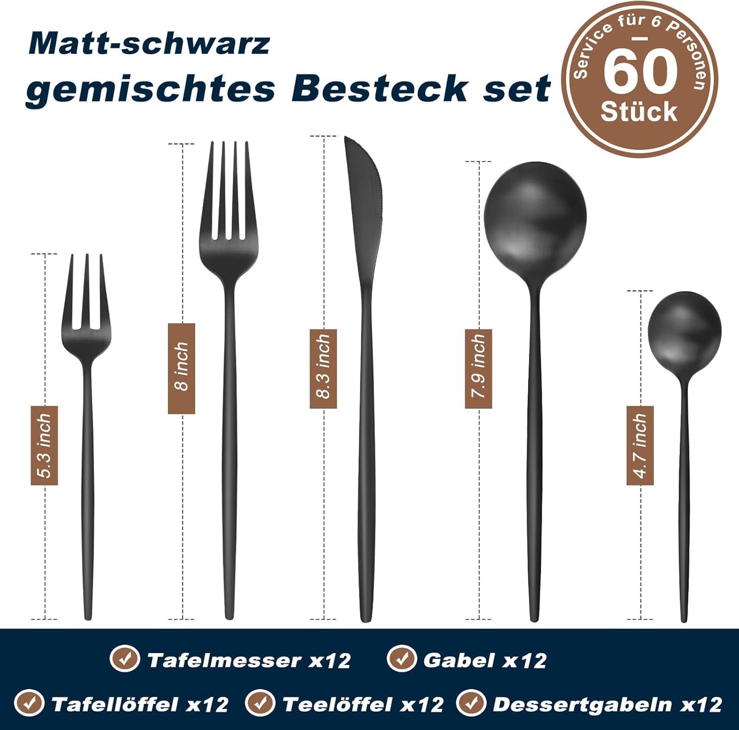 Bestdin Bestekset voor 6 personen, 24-delige roestvrijstalen bestekset Matzwart 24-delige bestekset voor 6 personen: Bestdin als 24-delige titanium bestekset zwart bestaat uit 6 messen, 6 eetlepels, 6 dinervorken, 6 theelepels. Ideaal voor alle formele of