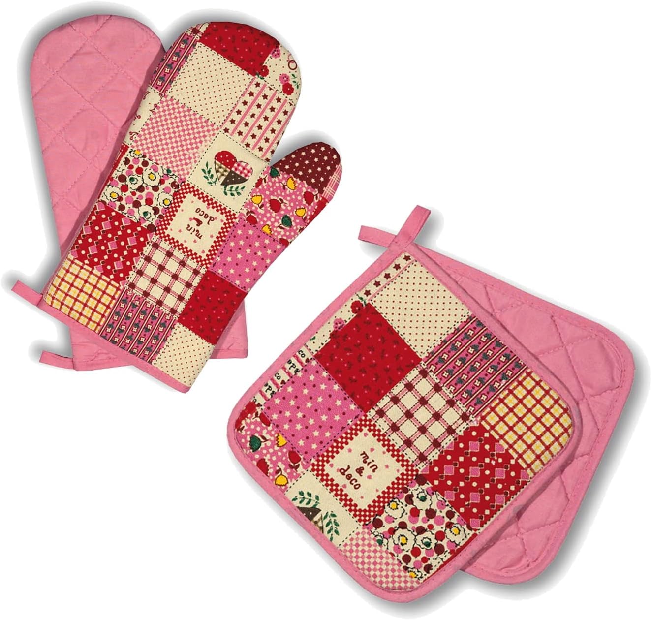 Ovenwanten Kitchen, patchwork, roze, 1 paar, PSA-categorie II hittebestendig tot 250 °C, getest en gecertificeerd product Delindo Lifestyle Ovenwanten pannenlappen serie Kitchen Open handschoenen en pannenlappen voldoen aan de normen EN 21420, EN 388 en E